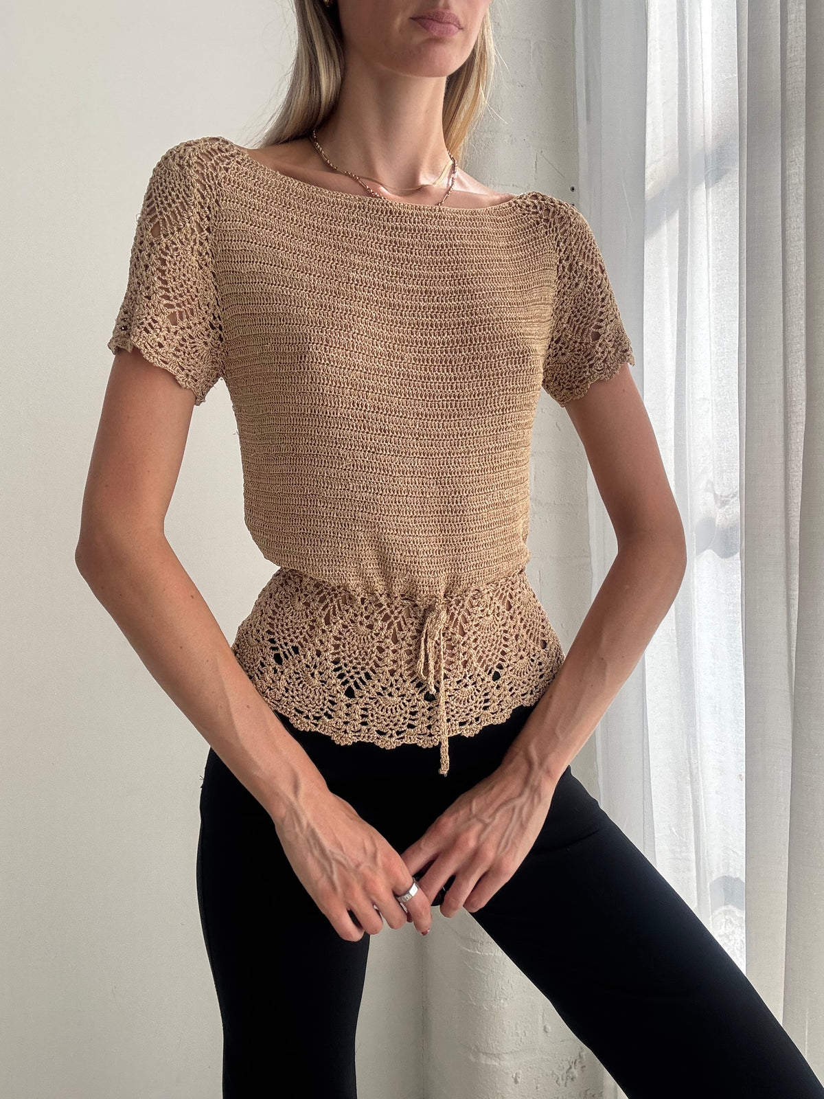 Vintage Y2K Beige Crochet Knit Short Sleeve Top - Size S
