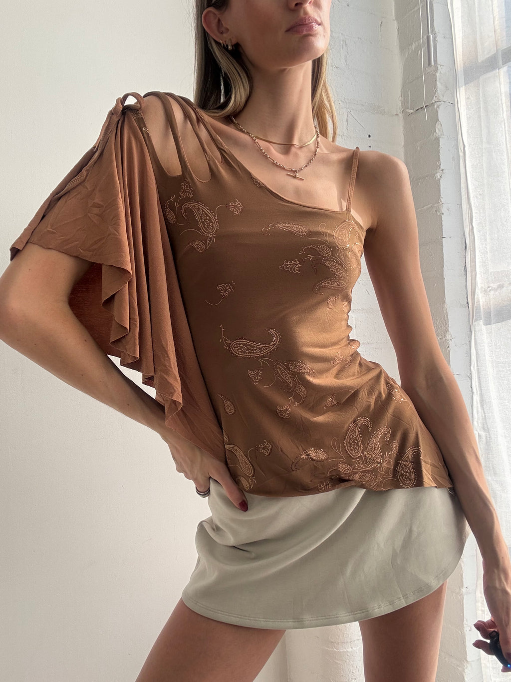 Vintage Y2k One Shoulder Asymmetric Brown Paisley Print Top