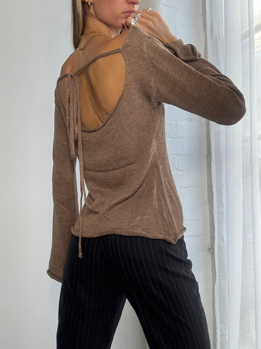 Vintage Y2K brown knitted jumper with bell sleeves