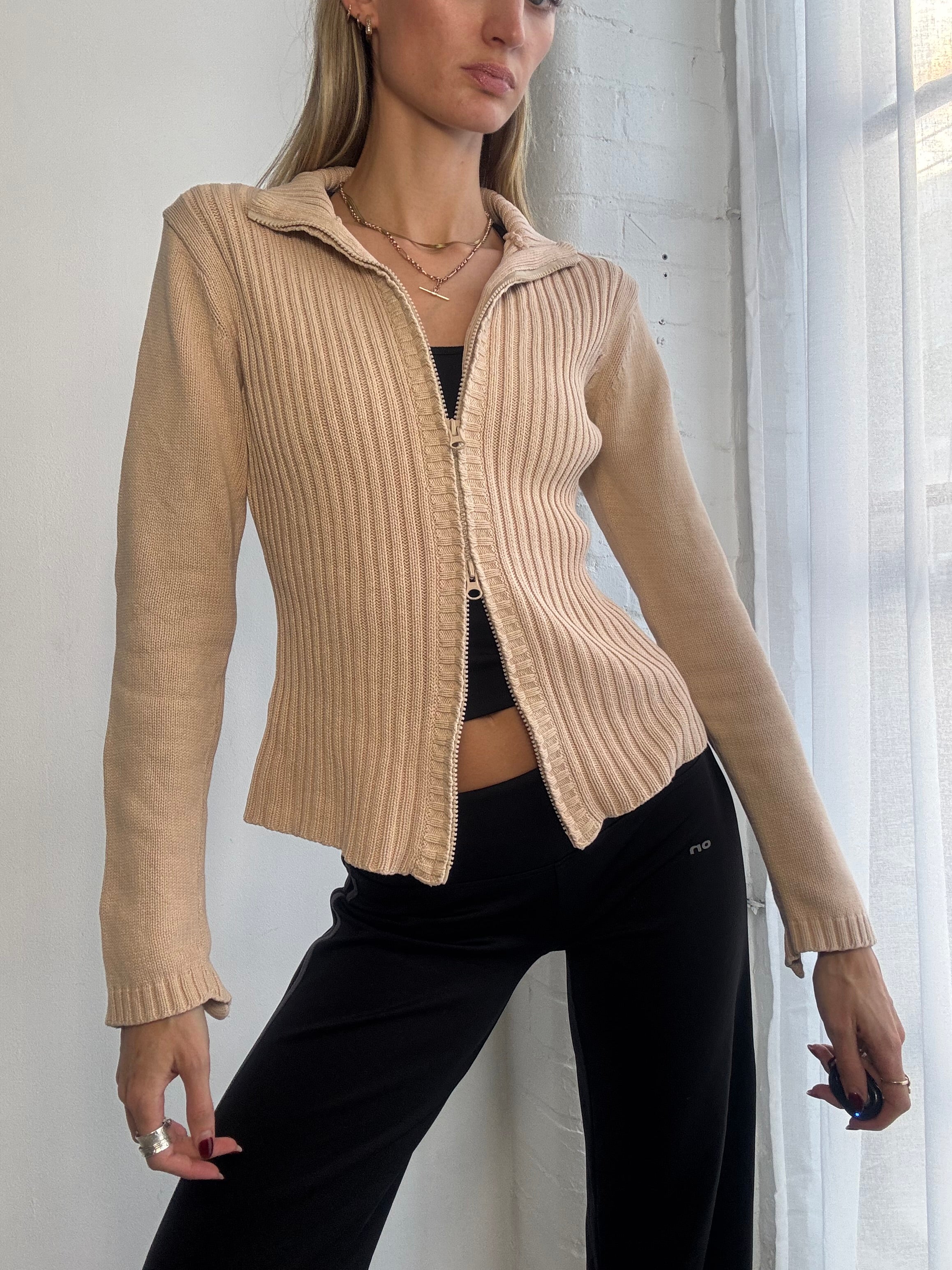 Vintage Y2K ribbed knitted dual zip jumper beige