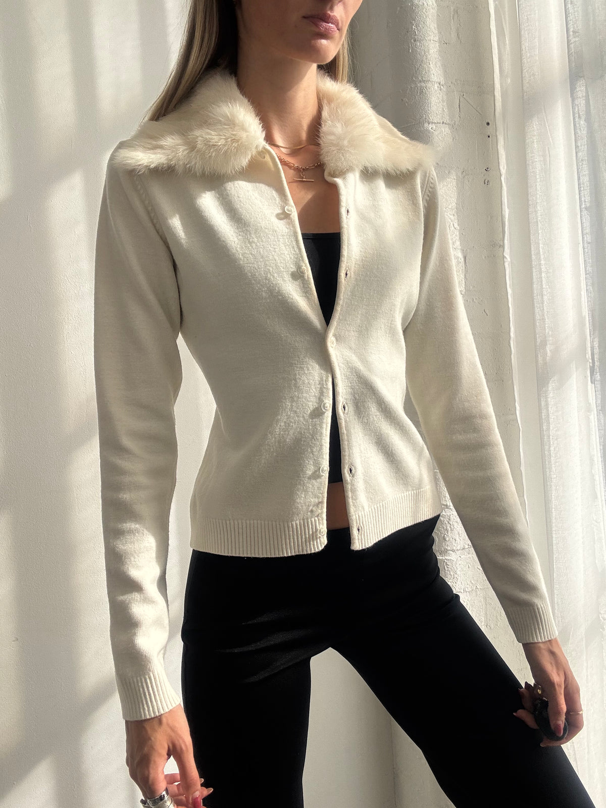 Vintage Y2K Cream Rabbit Fur Collar Knit Cardigan - Size S