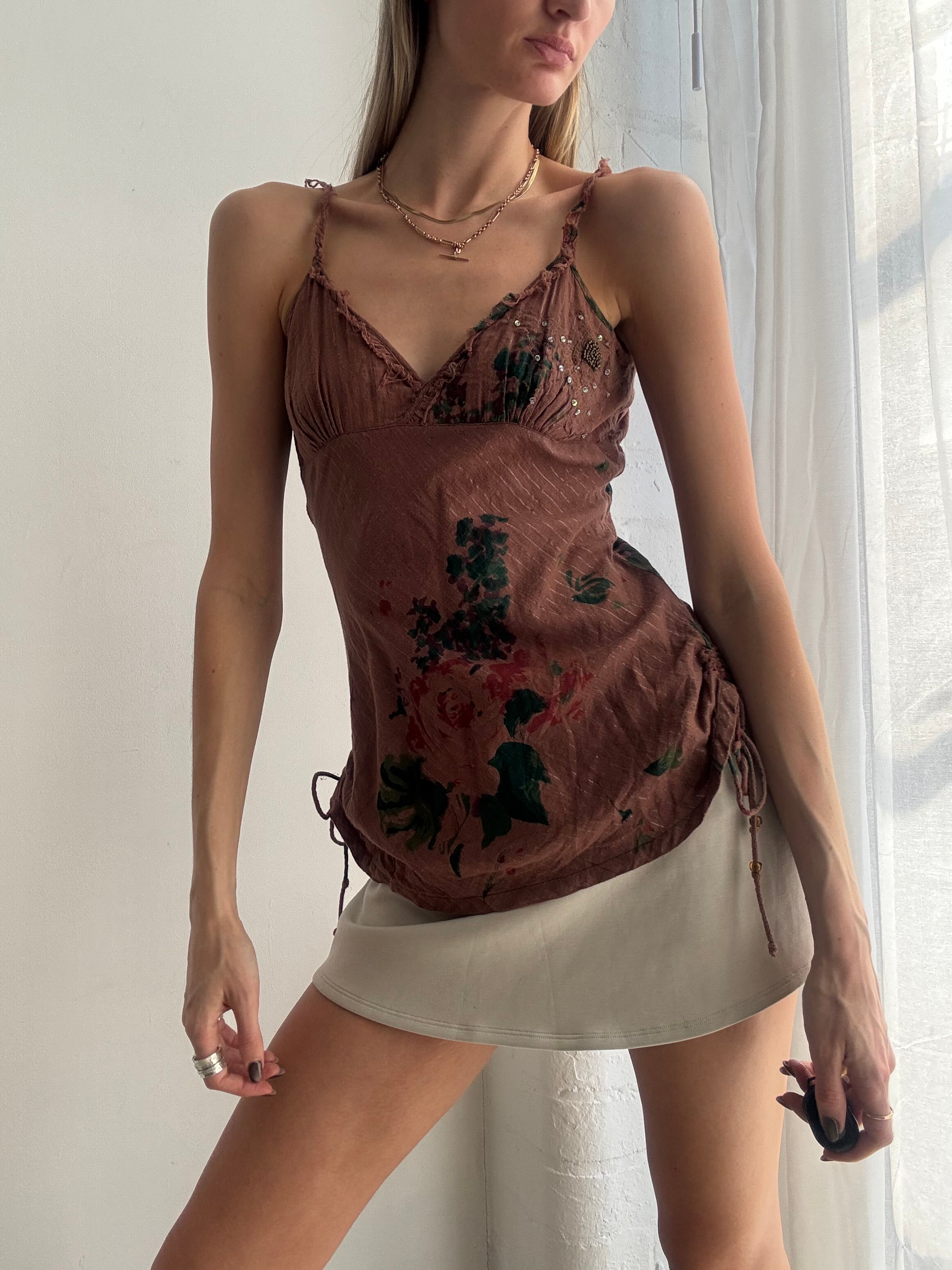 Vintage Y2K brown floral ruched cami top - Size S