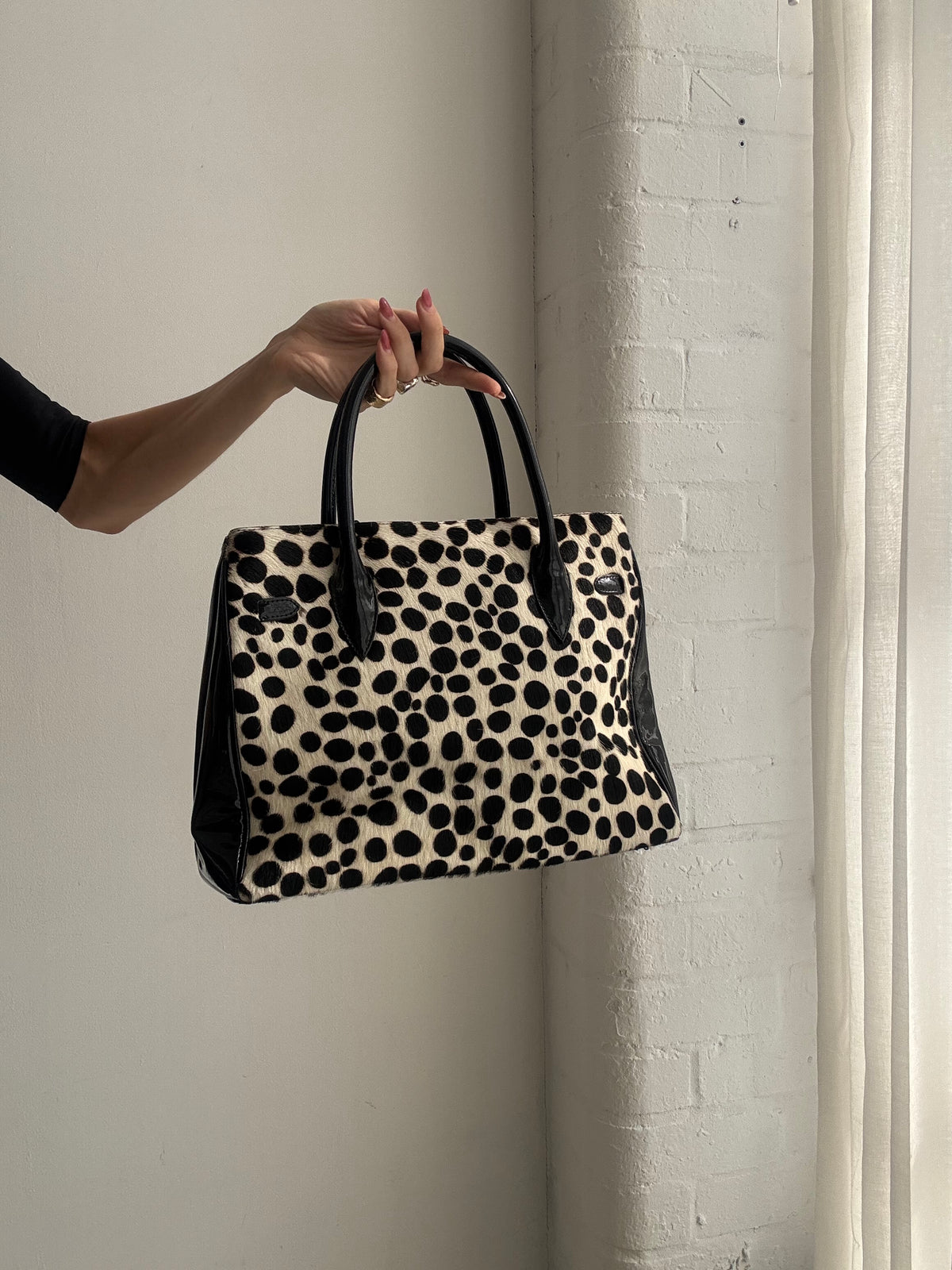Vintage Y2K Black & White Leopard Print Ponyskin Structured Handbag