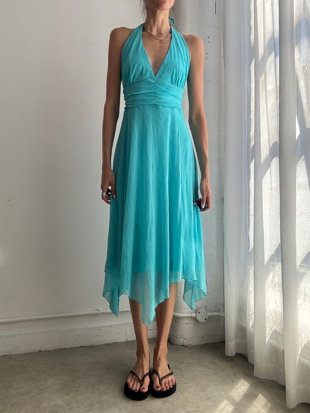 Vintage Turquoise Asymmetric Hem Halter Dress Y2K - Size L