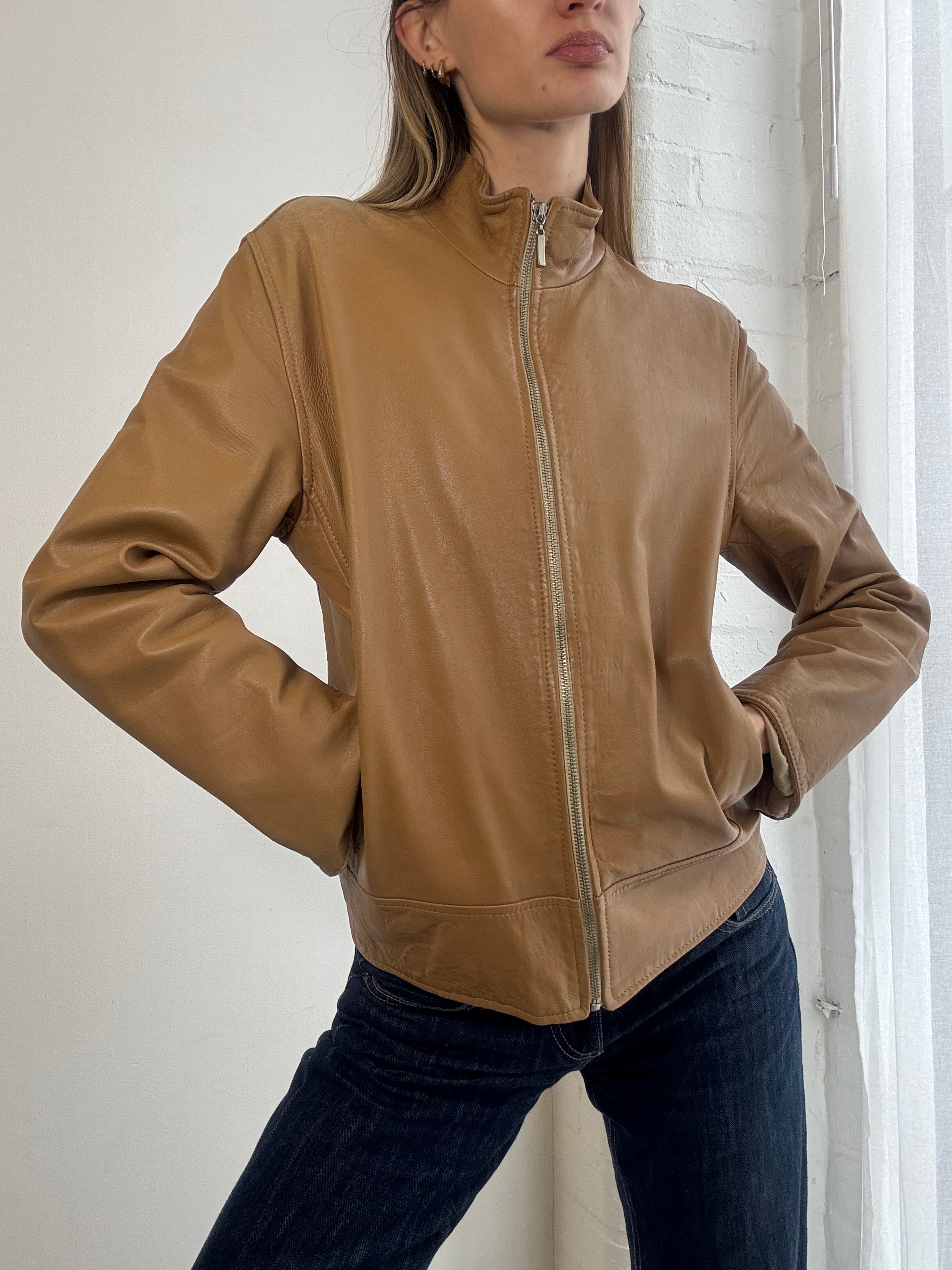 Vintage Y2K tan leather zip jacket