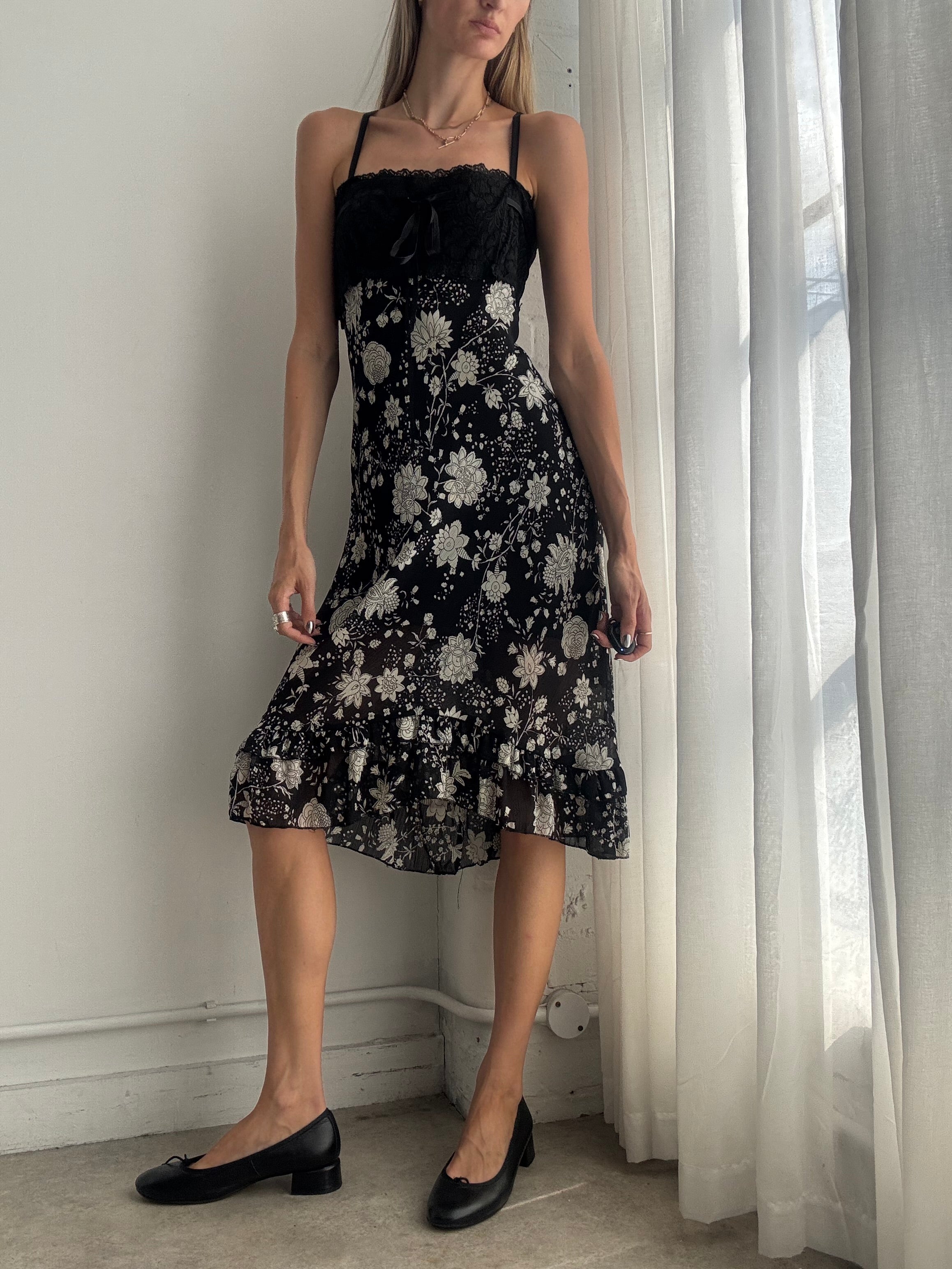Vintage Y2K Black & White Floral Mesh & Lace Midi Dress – Size M