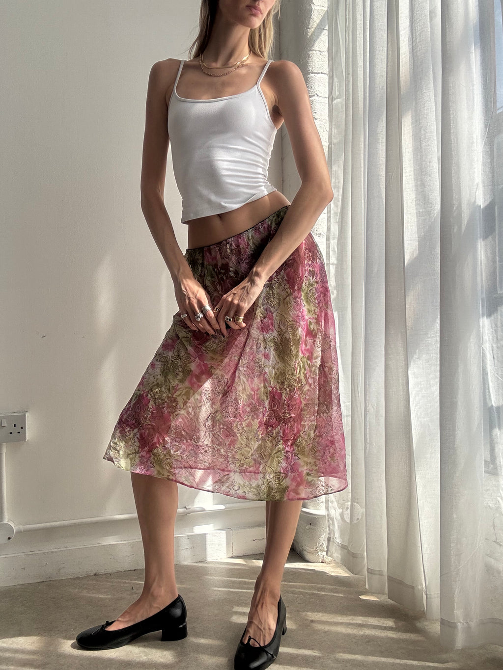 Vintage pink floral sheer mesh midi skirt - Size M/L