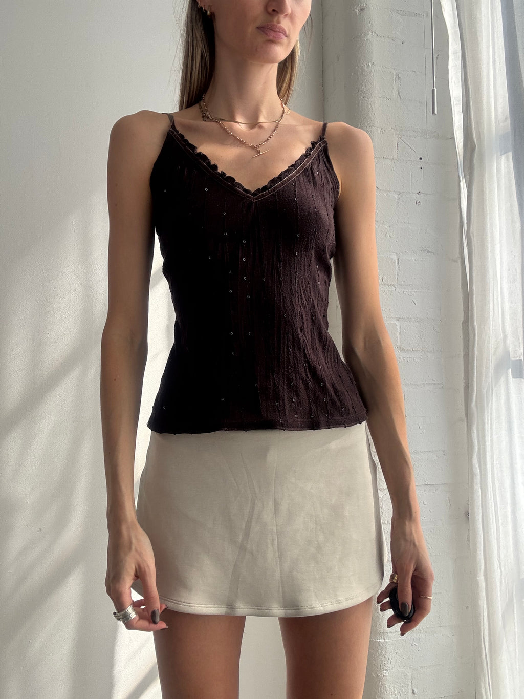 Vintage Y2K dark brown sequin ruffle cami top - Size M