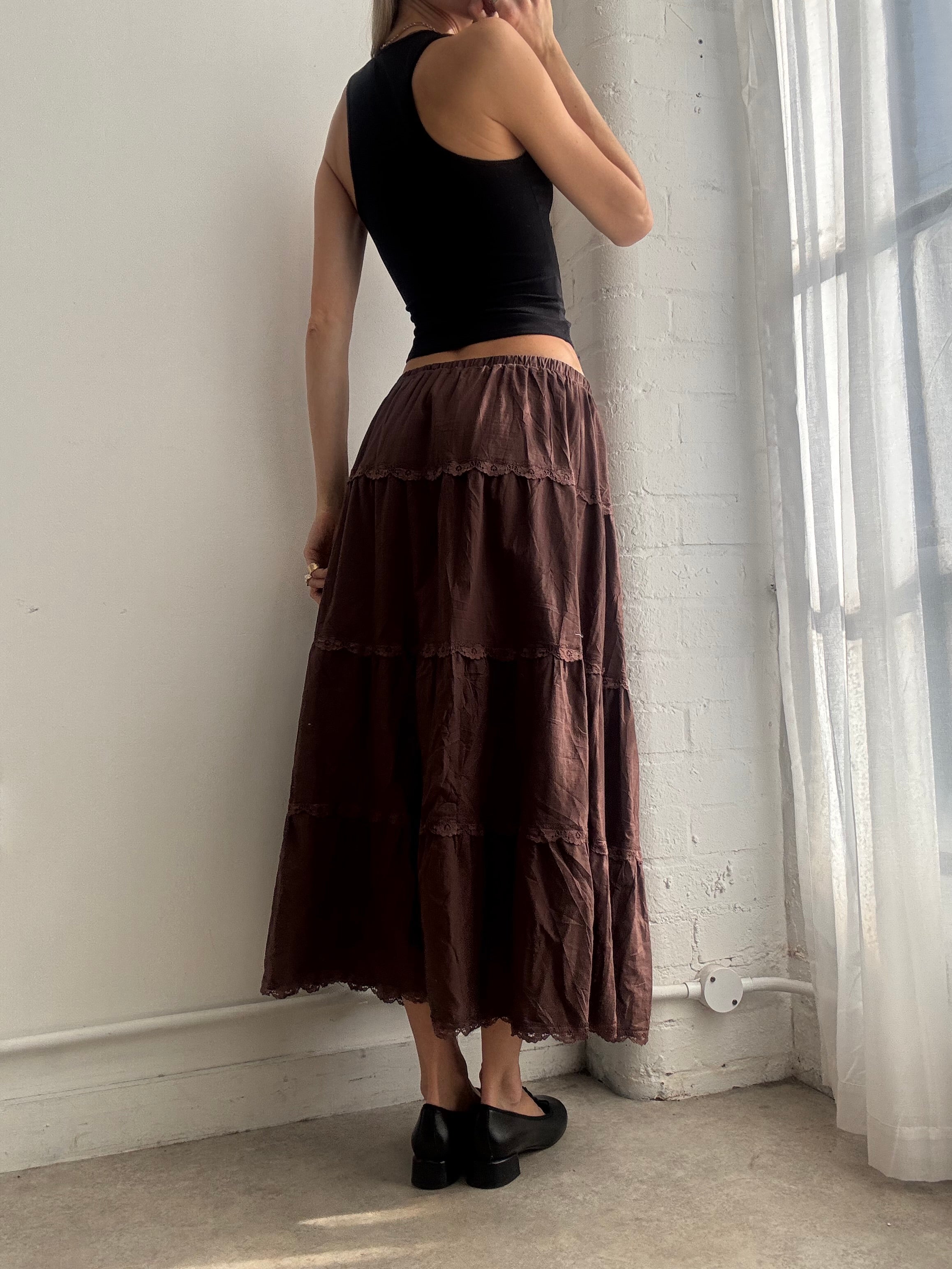 Vintage Y2K tiered brown cotton & lace maxi skirt