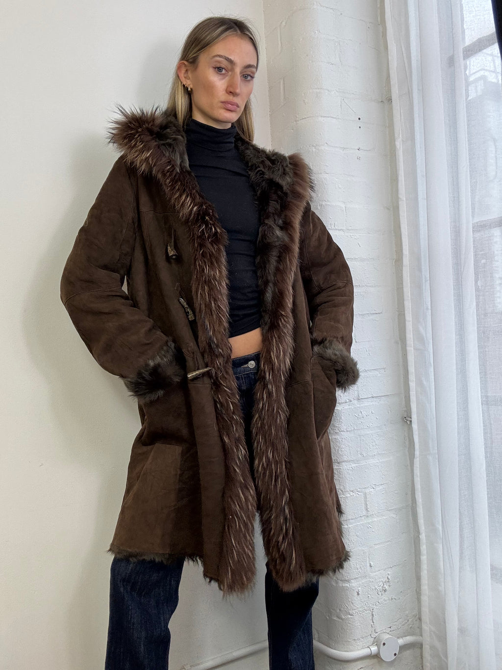 Vintage Y2K sheepskin hooded coat brown