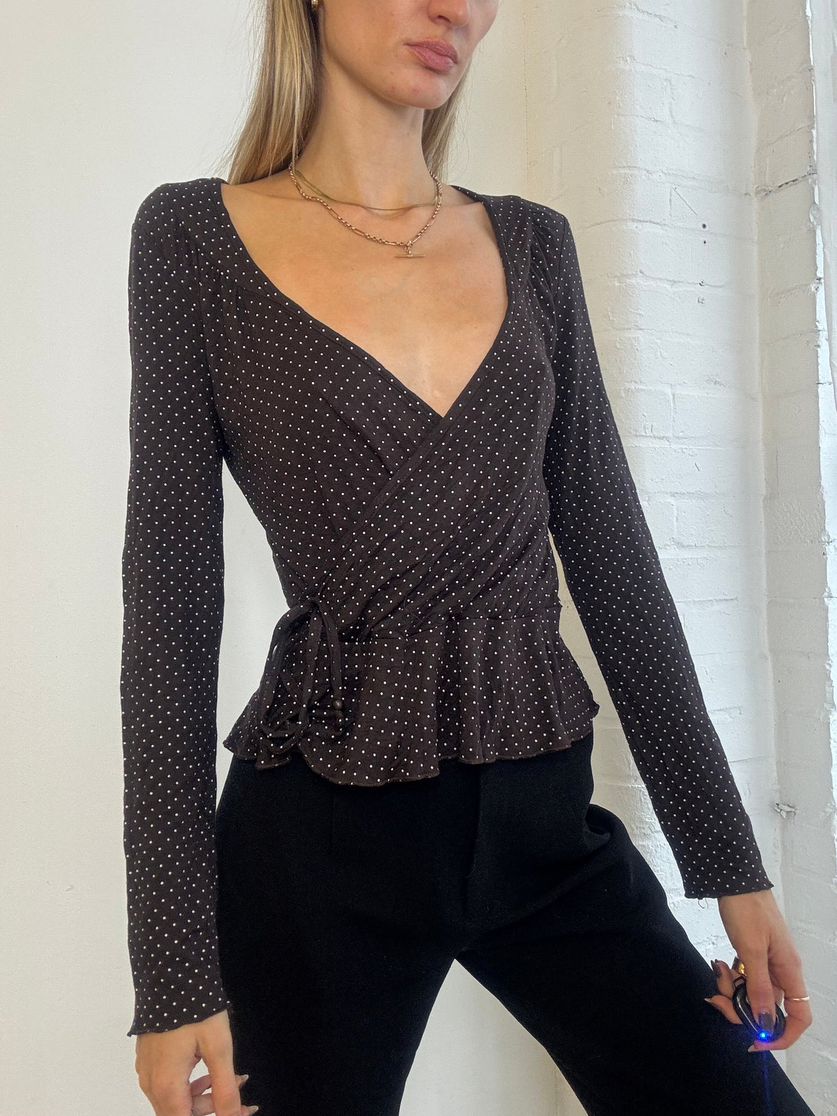 Vintage Y2K Chocolate Brown Polka Dot Wrap Peplum Top - Size S/M