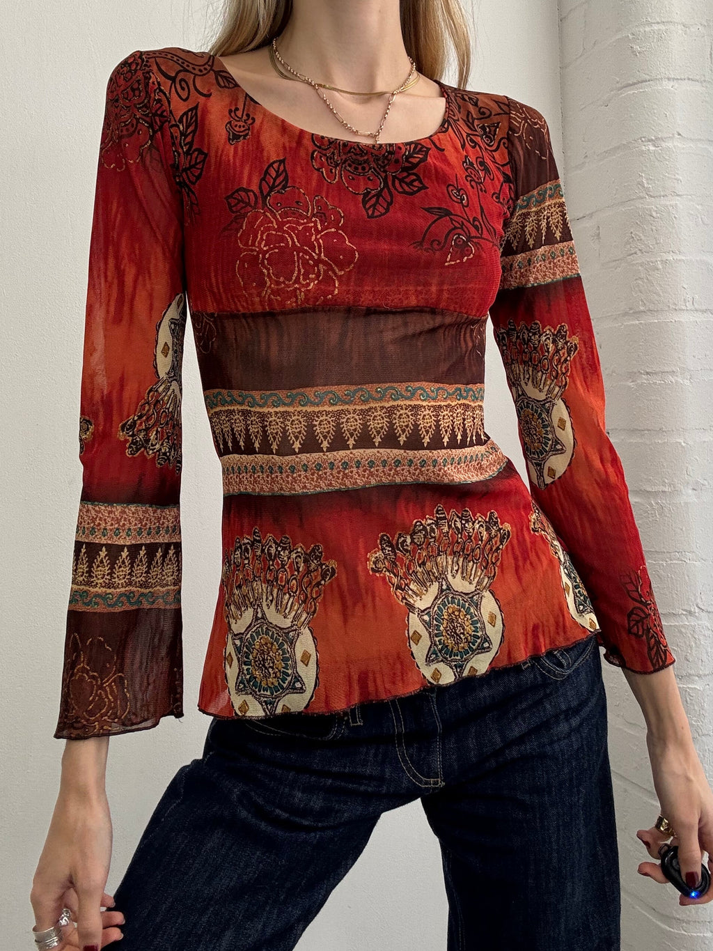 Vintage Y2K graphic mesh long sleeve top