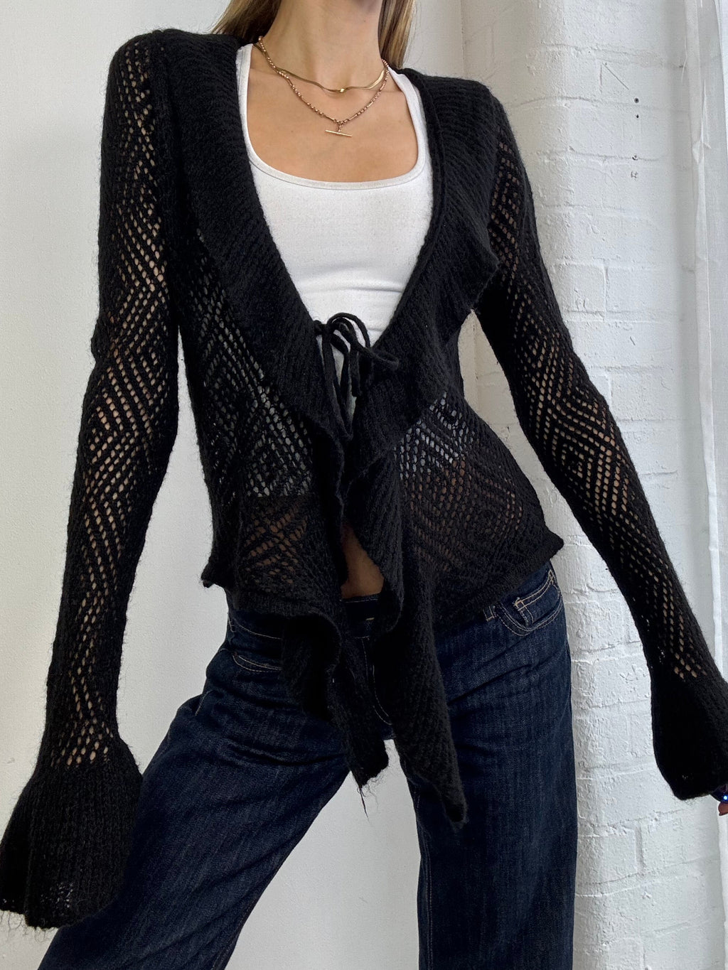 Vintage Y2K wool tie front ruffle cardigan