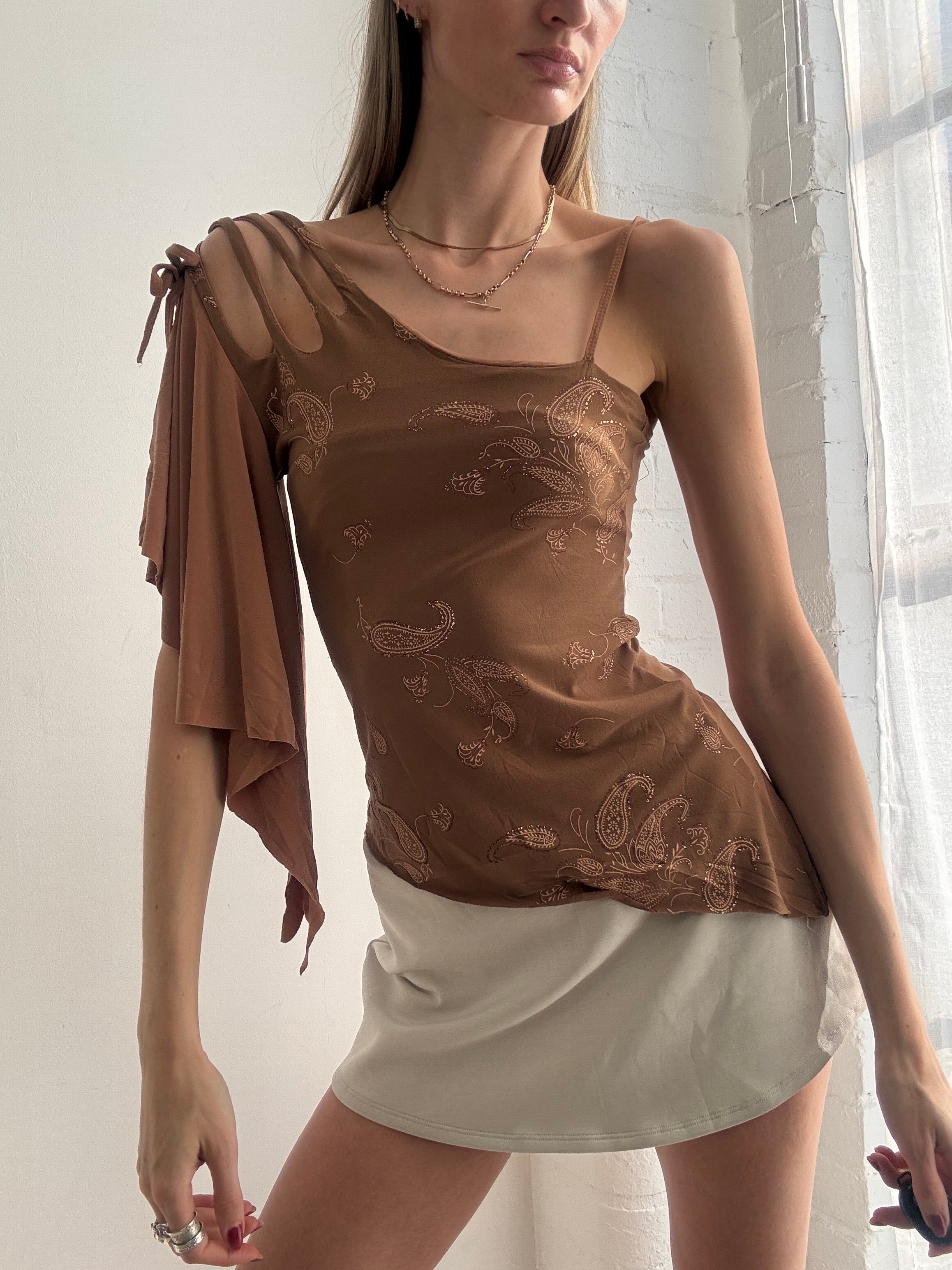 Vintage Y2k One Shoulder Asymmetric Brown Paisley Print Top