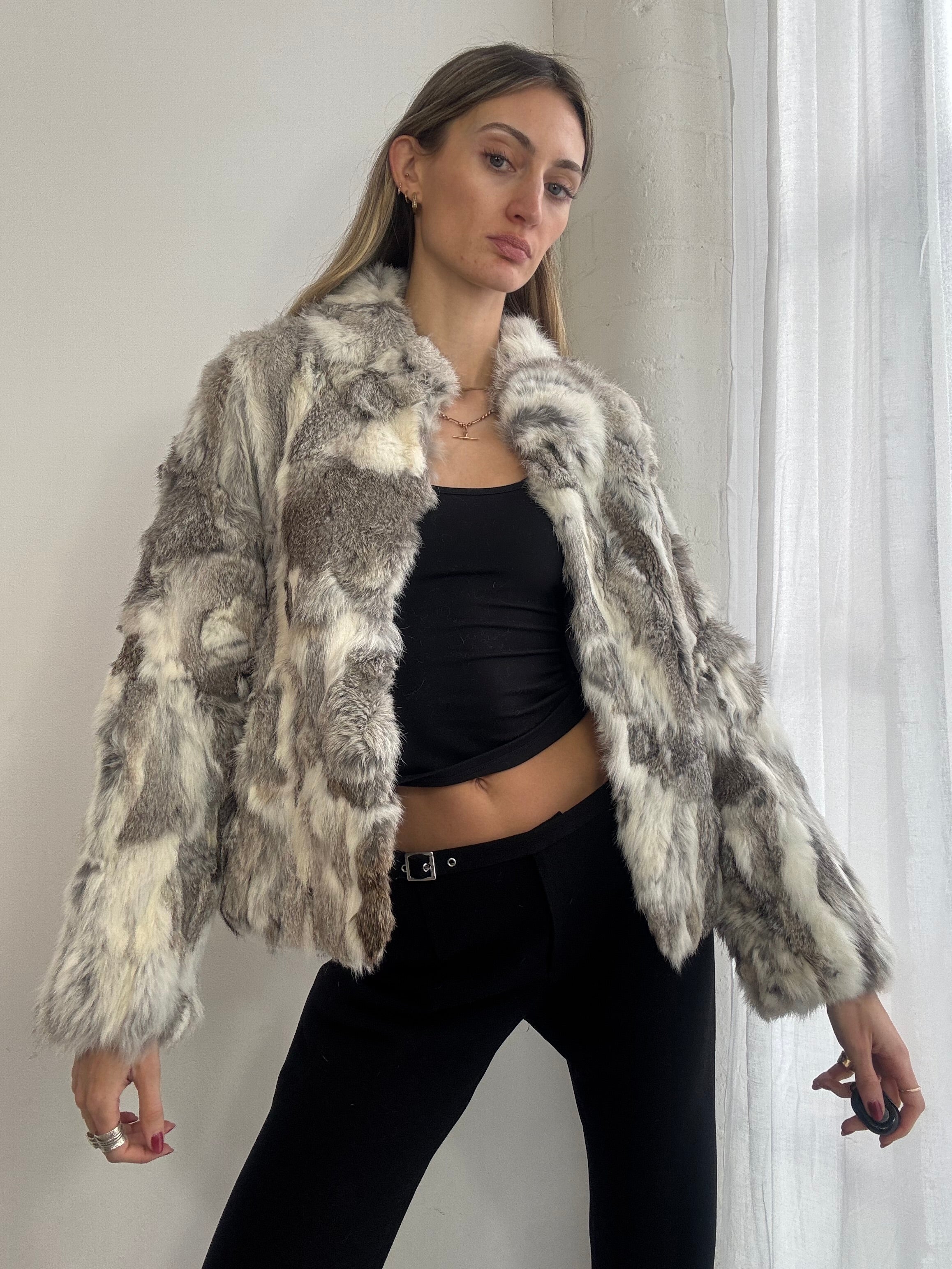 Vintage Y2K grey & white rabbit fur jacket