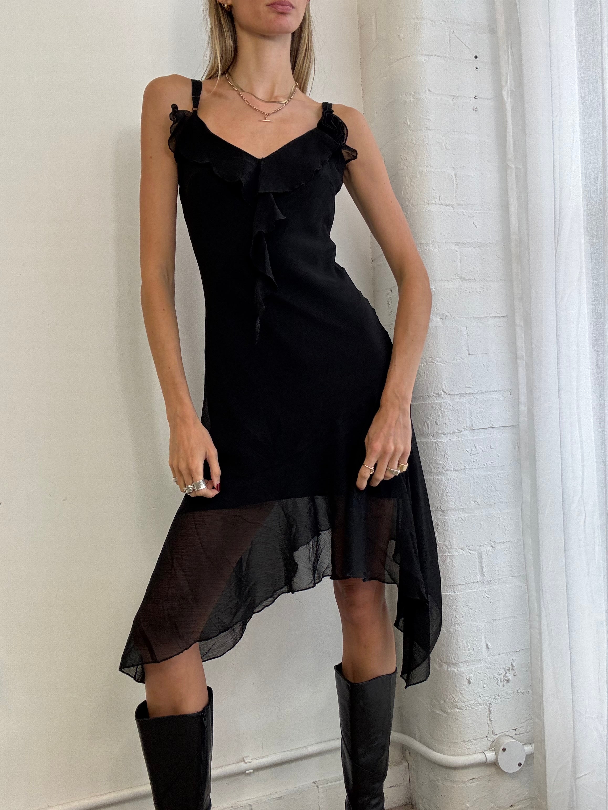 Vintage Y2K asymmetric black mesh slip dress