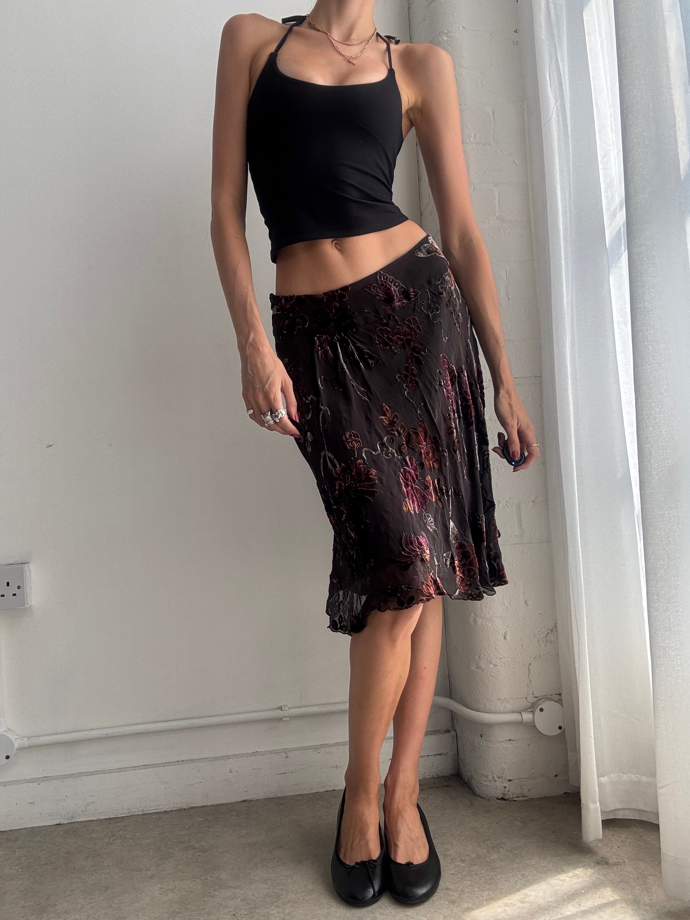 Vintage Y2K Floral Devore Velvet Midi Skirt – Brown Skirt - Size XS