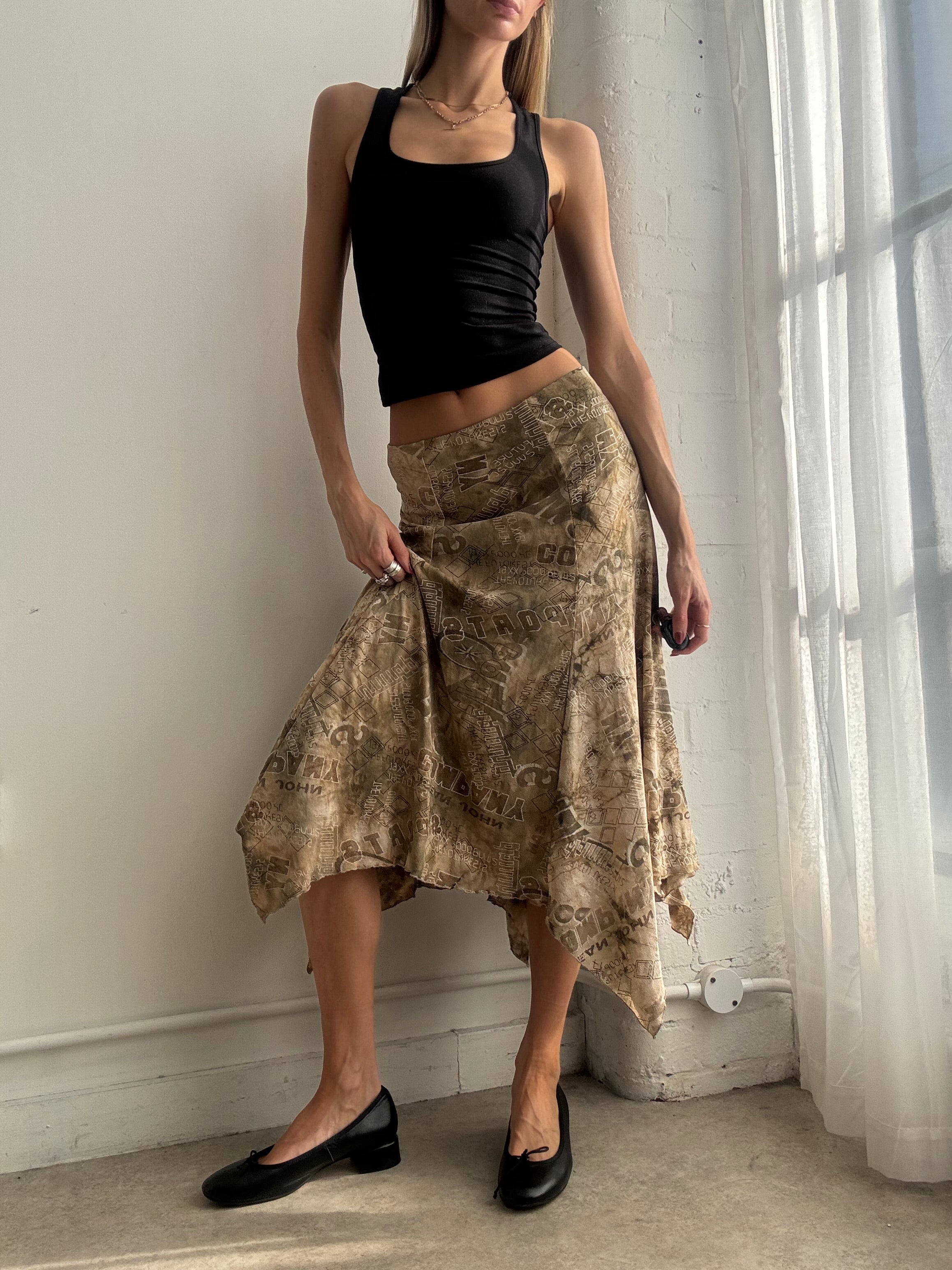 Vintage Y2K khaki green graphic print mesh midi skirt asymmetric