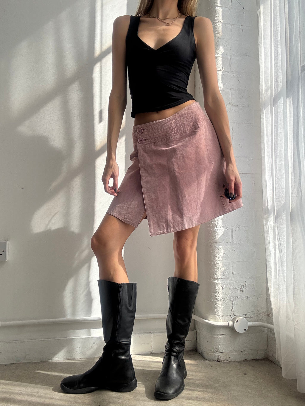 Vintage Y2K pink suede wrap midi skirt