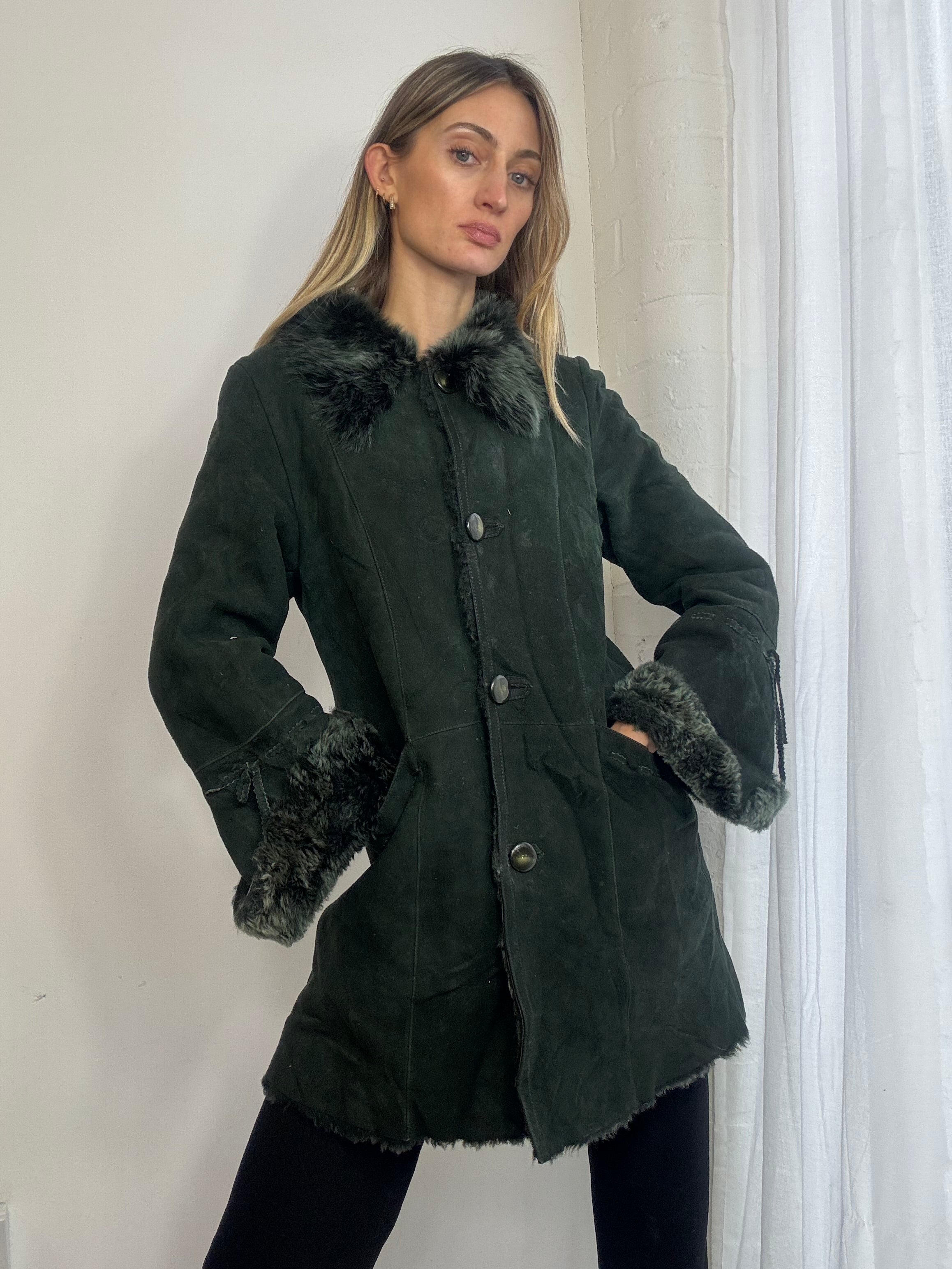 Vintage 90s dark green sheepskin suede coat