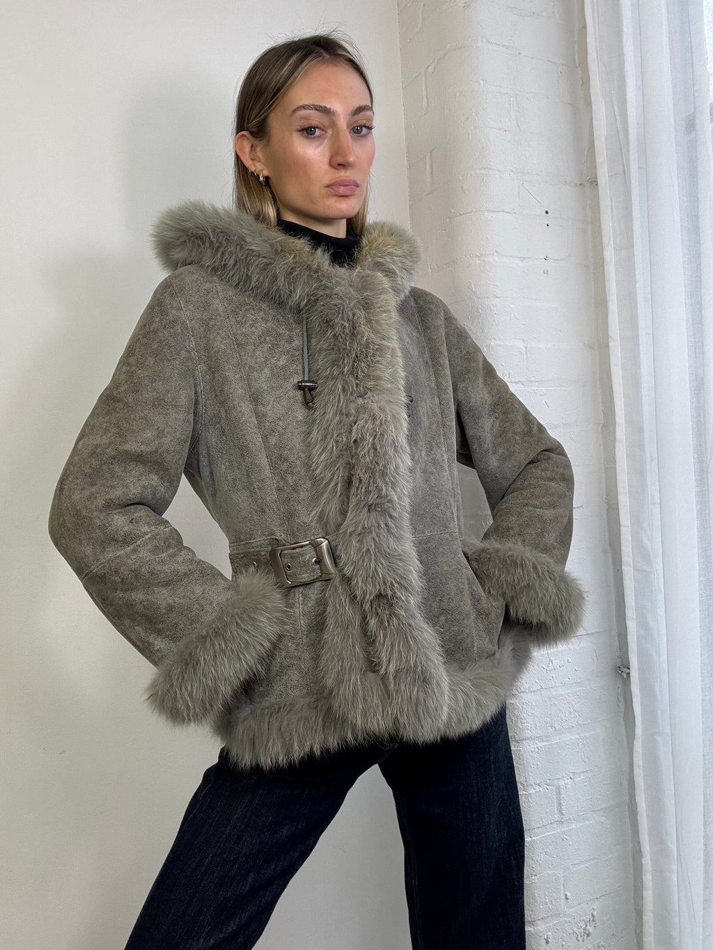 Vintage Y2K grey suede sheepskin hooded fur trim coat buckle