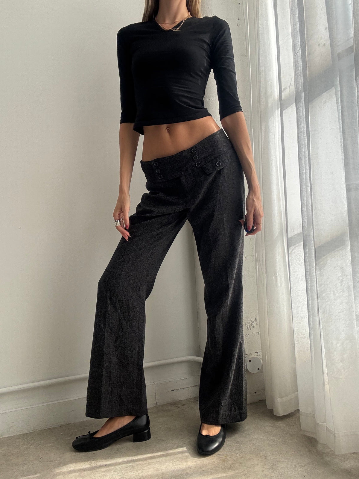 Vintage Y2K Charcoal Grey Low Rise Tailored Trousers - Size S