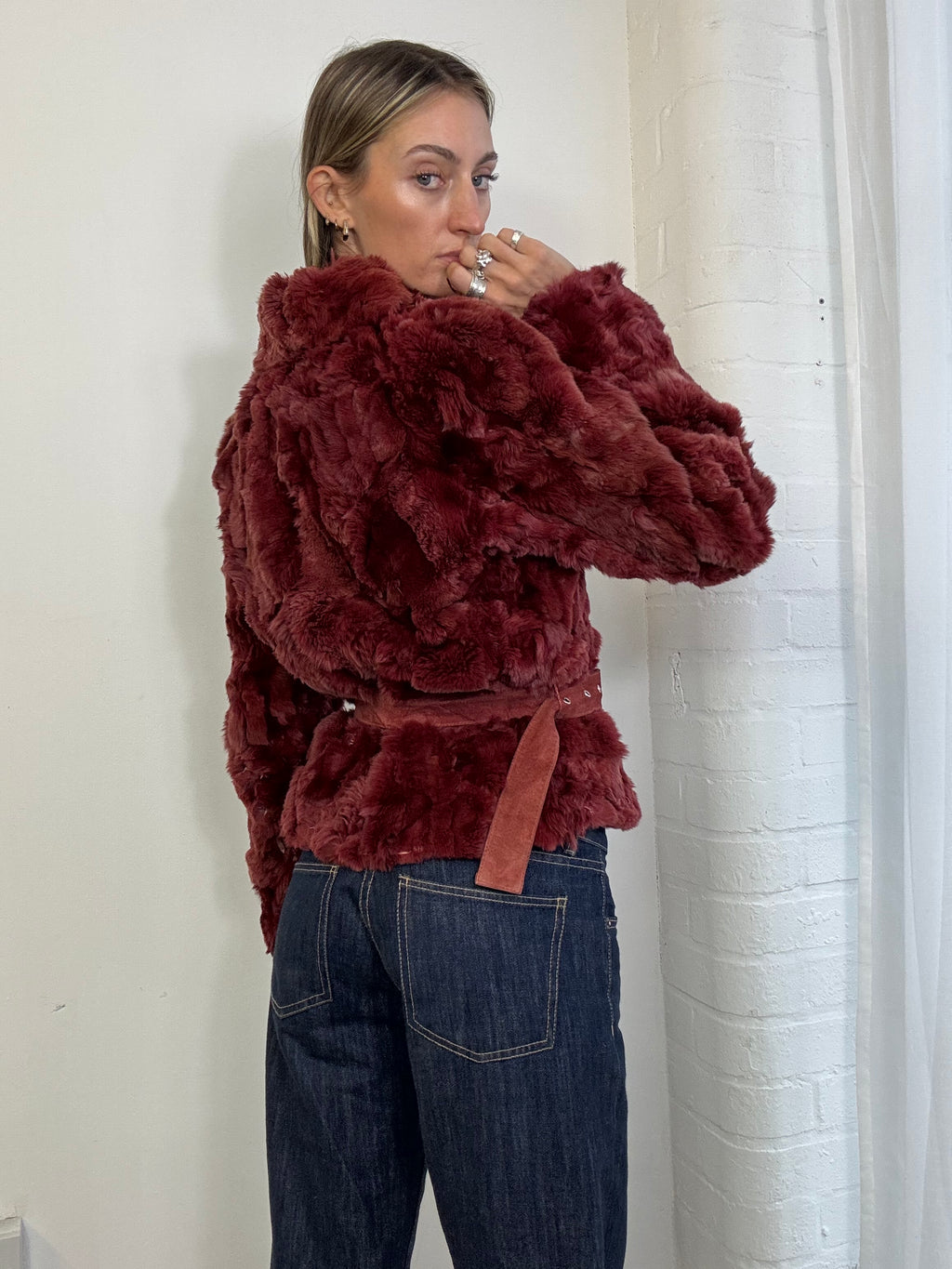 Vintage Y2K burgundy genuine fur zip up jacket