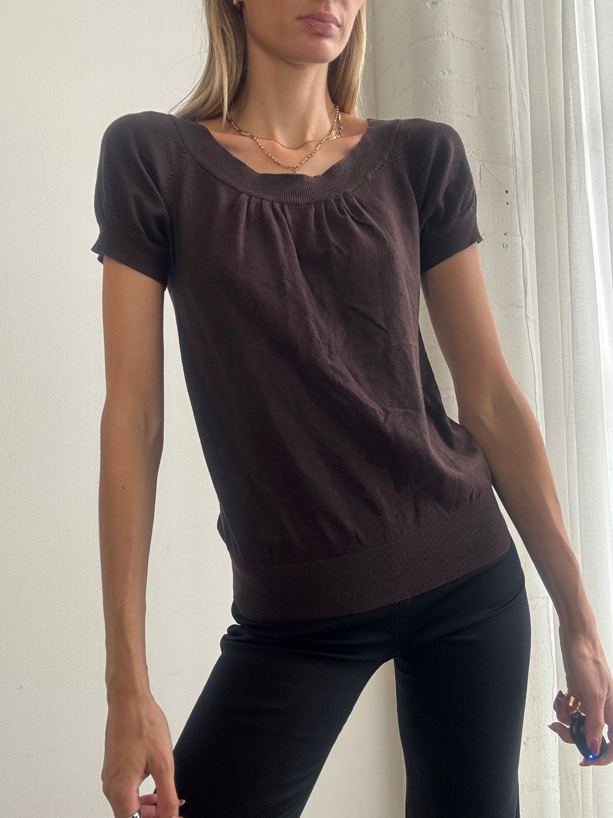 Vintage Y2K Chocolate Brown Gathered Short Sleeve Top - Size S