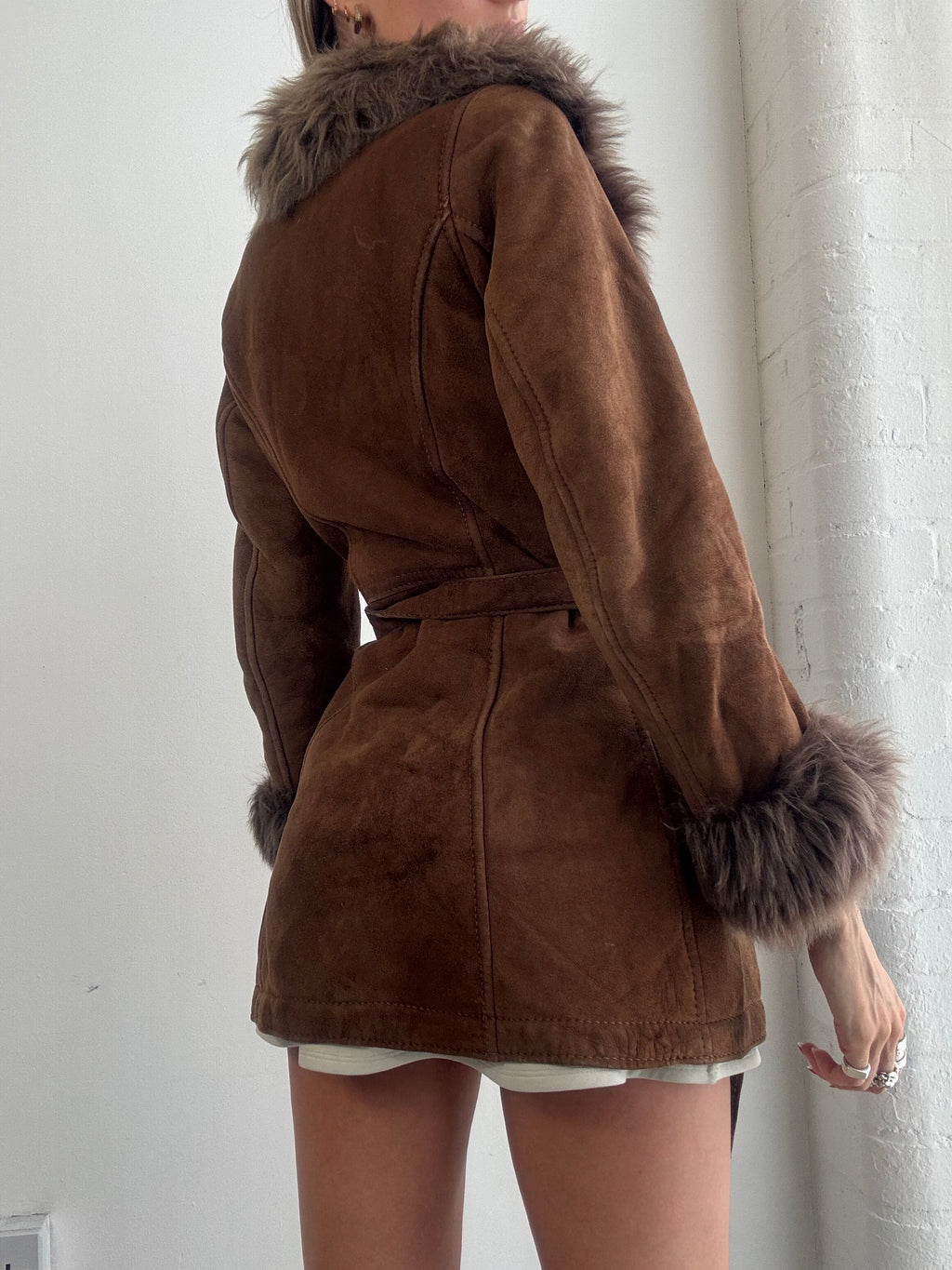Vintage Y2K Brown Suede Fur Trim Afghan Coat - Size S