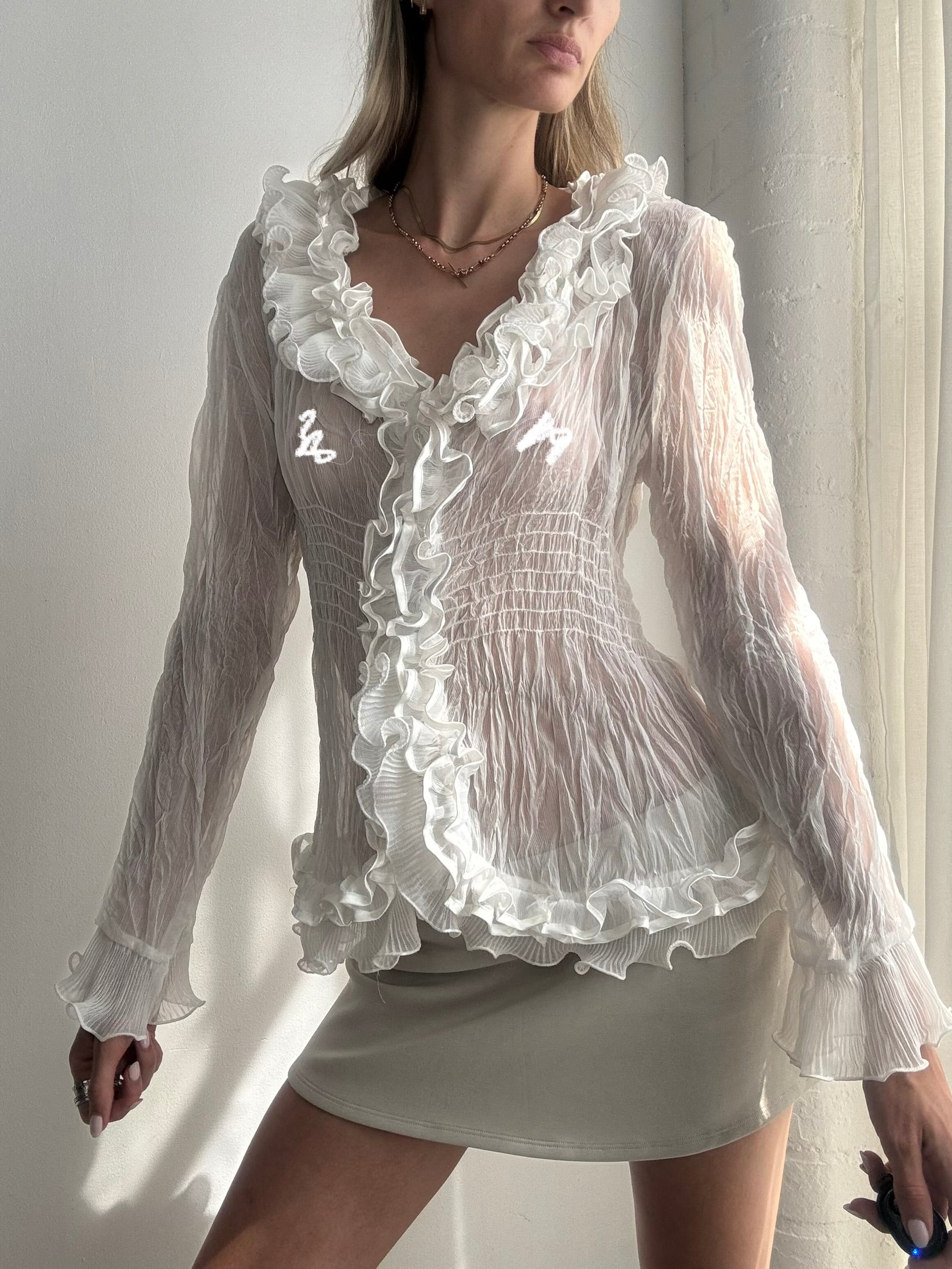 Vintage Y2k Sheer Silk Ruffle Blouse - Size L