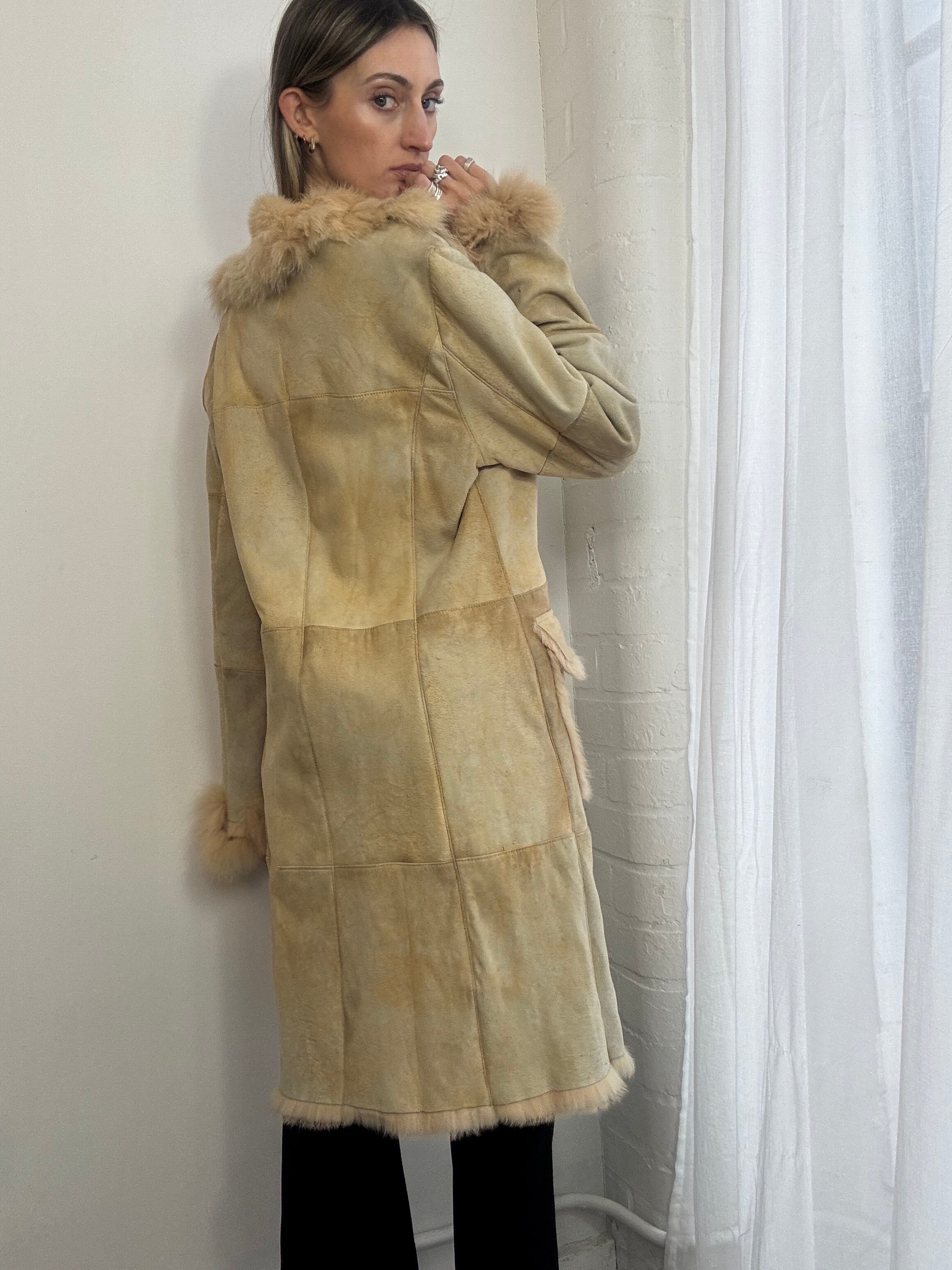Vintage Y2K cream genuine suede long coat real fur trim