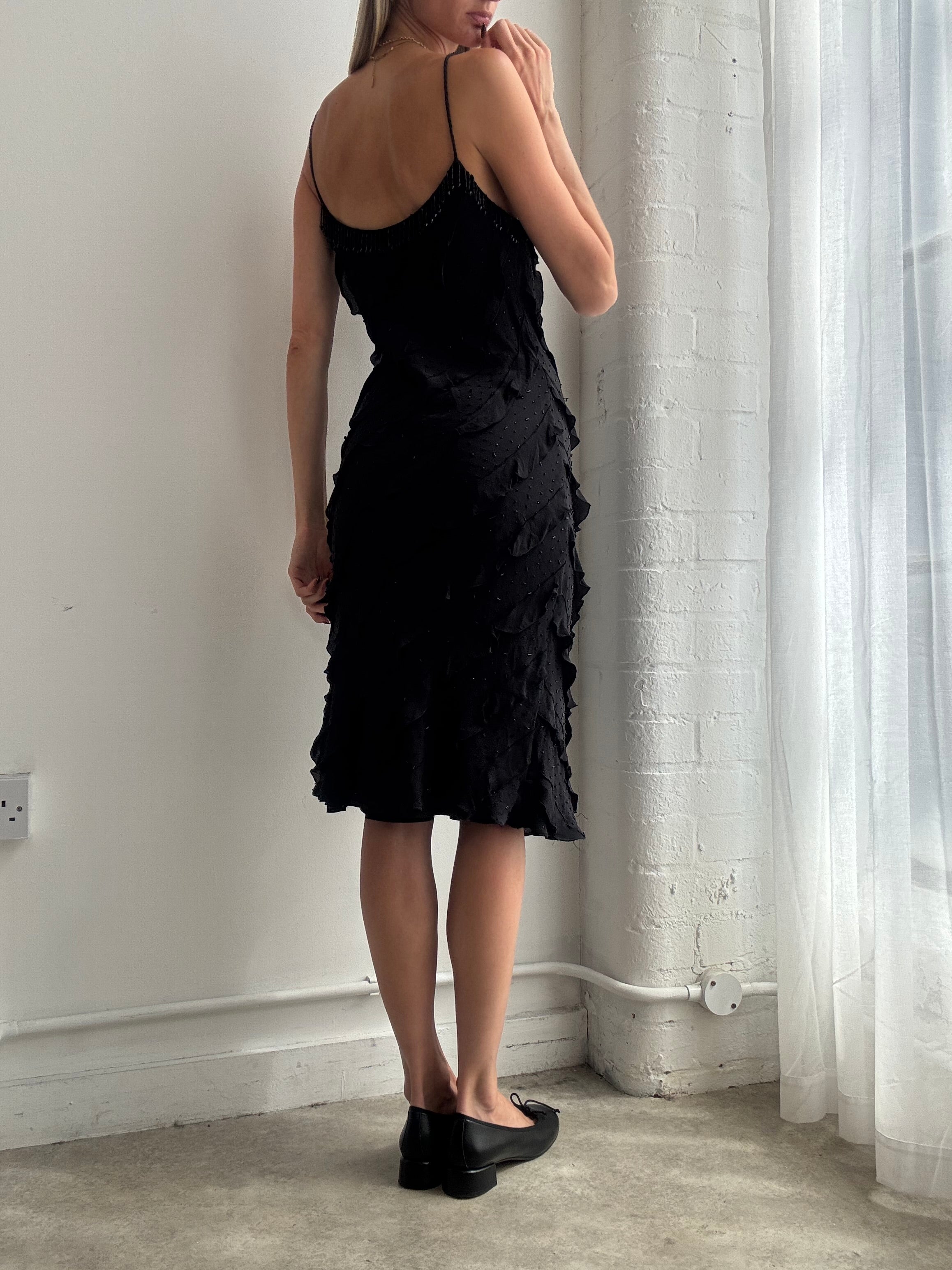 Vintage Y2K black 100% silk beaded ruffle slip midi dress - Size M