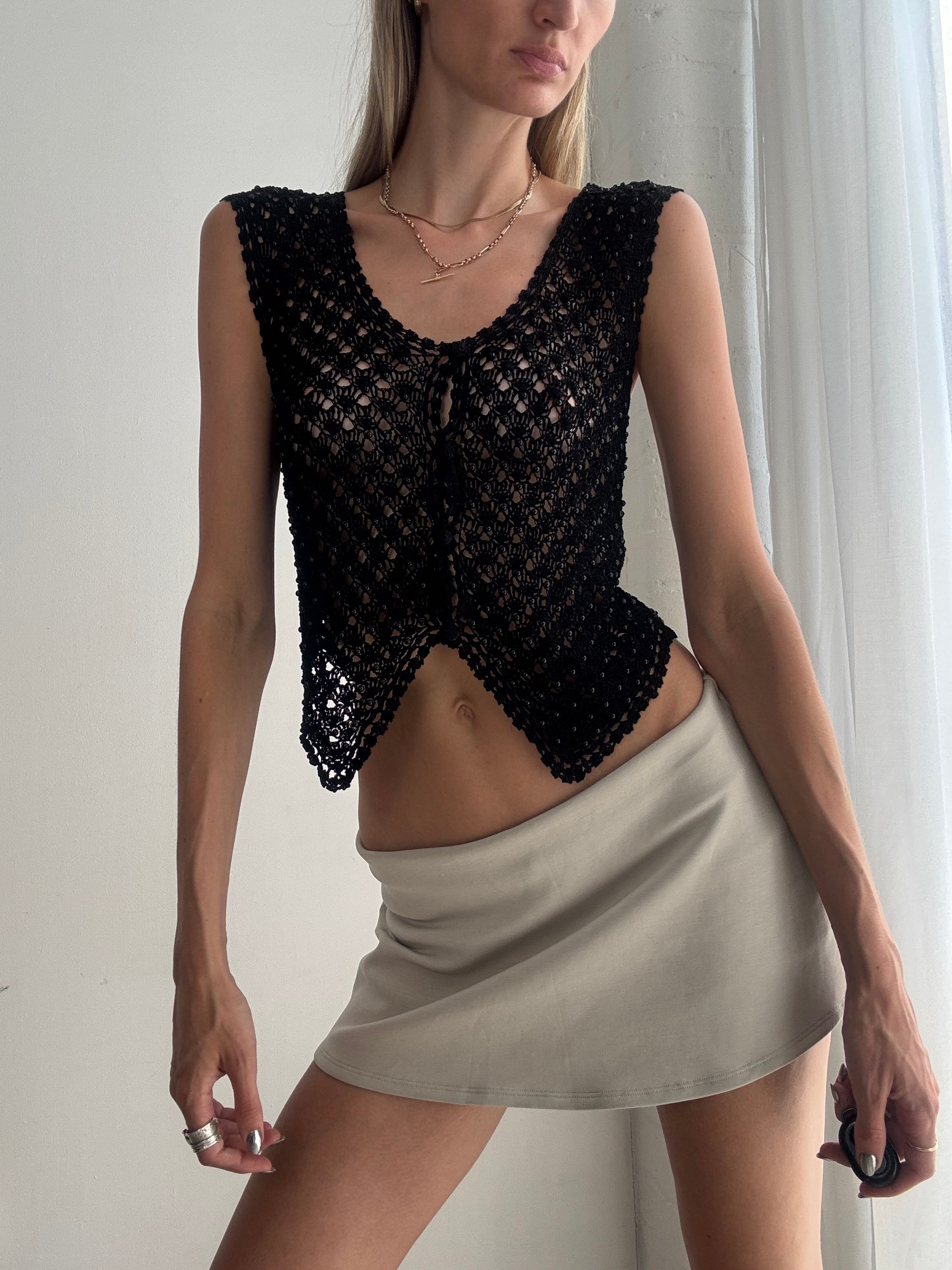 Vintage Y2K Black Crochet Knit Waistcoat – Boho Open Knit Sleeveless Vest - Size S