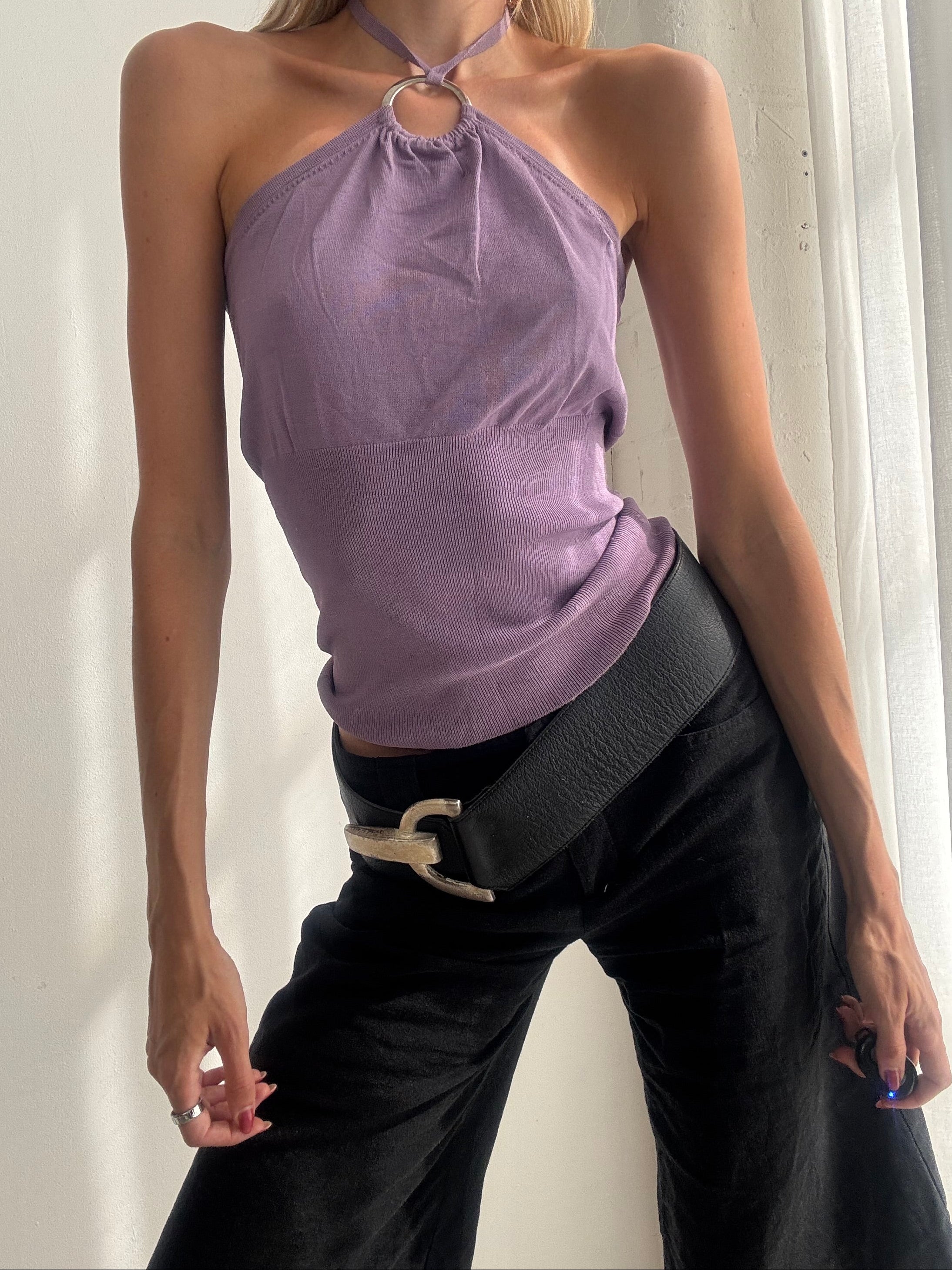 Vintage Y2K Lilac Ring Detail Halter Top - Size M