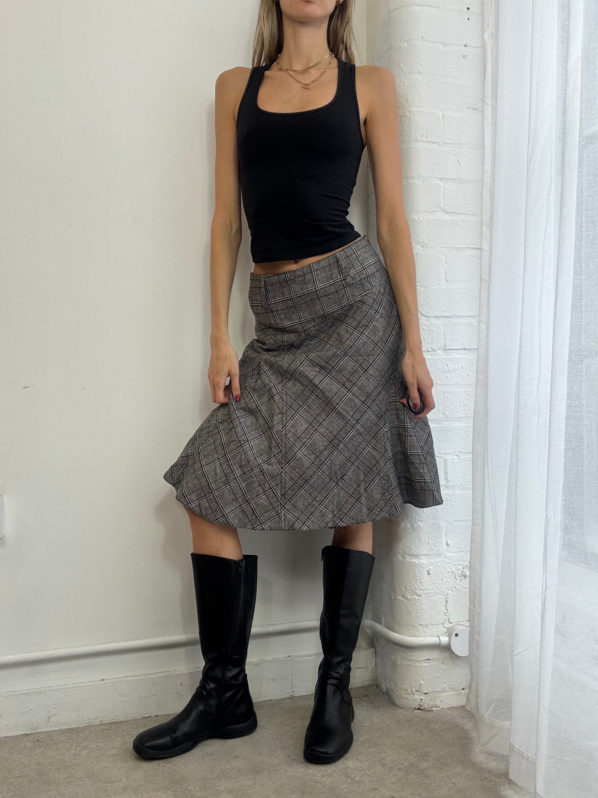 Vintage Y2K grey plaid wool midi skirt