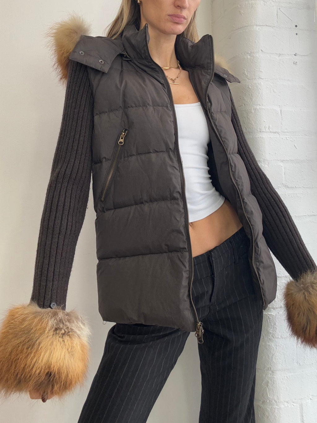 Vintage Y2K brown zip up puffer jacket fur trim