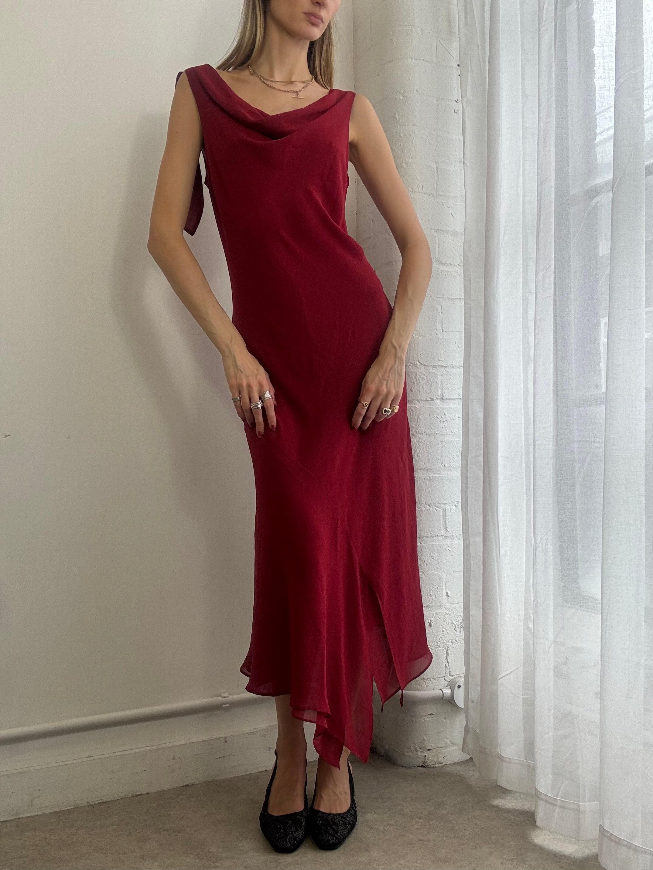 Vintage 90s Red Mesh Cowl Neck Midi Dress Asymmetric