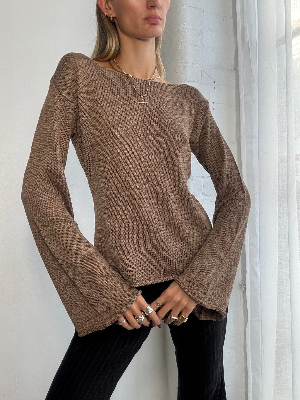 Vintage Y2K brown knitted jumper with bell sleeves
