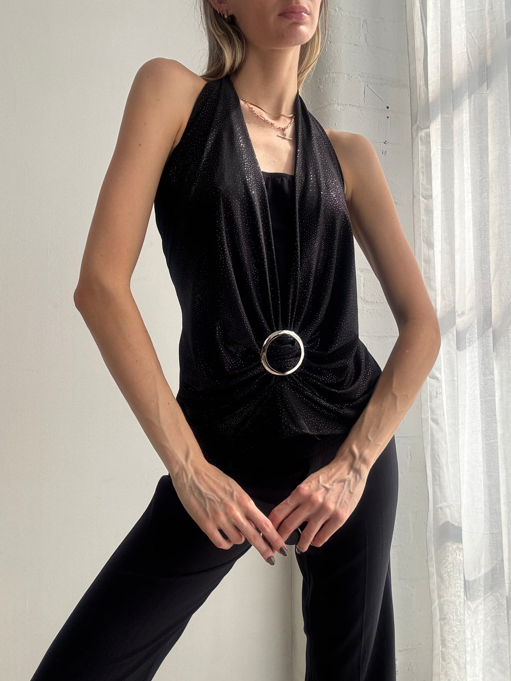 Vintage Y2K black sparkly halter draped top with statement ring detail