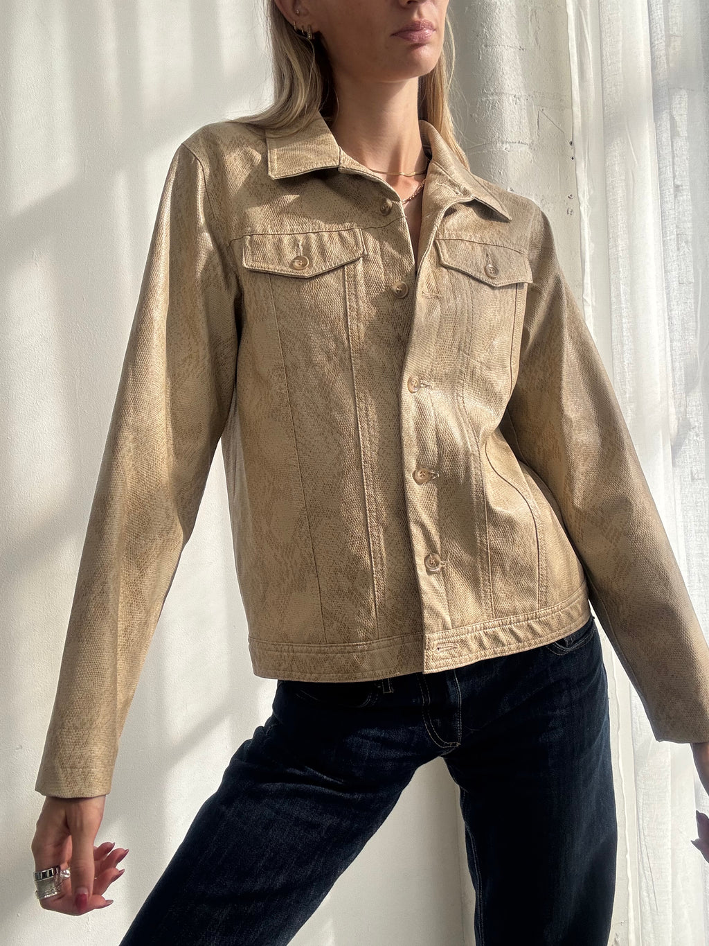 Vintage Y2K Beige Snake Print Faux Leather Jacket - Size S
