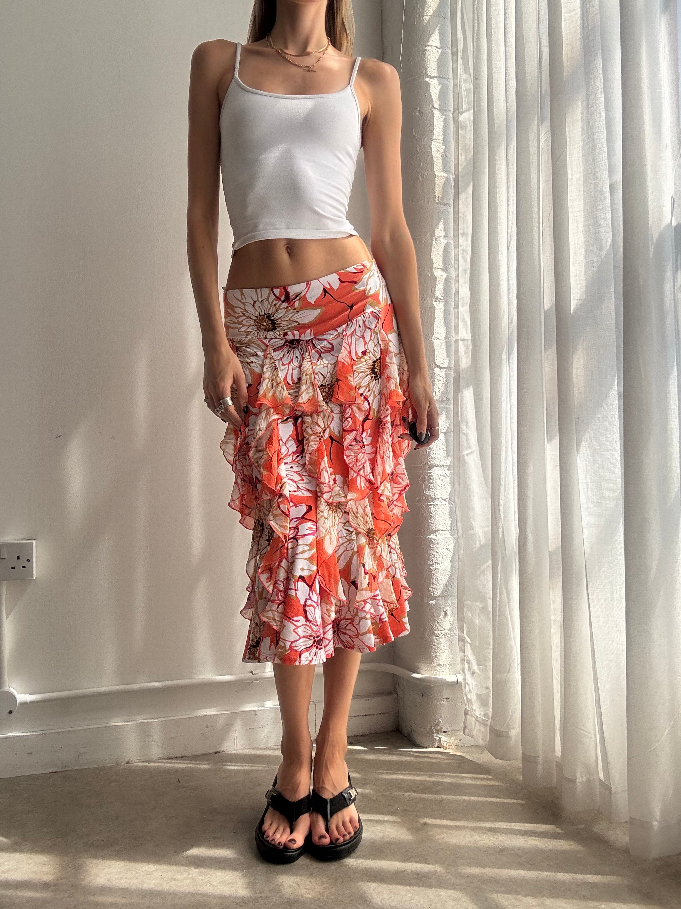 Vintage coral floral ruffle midi skirt - size xs/s
