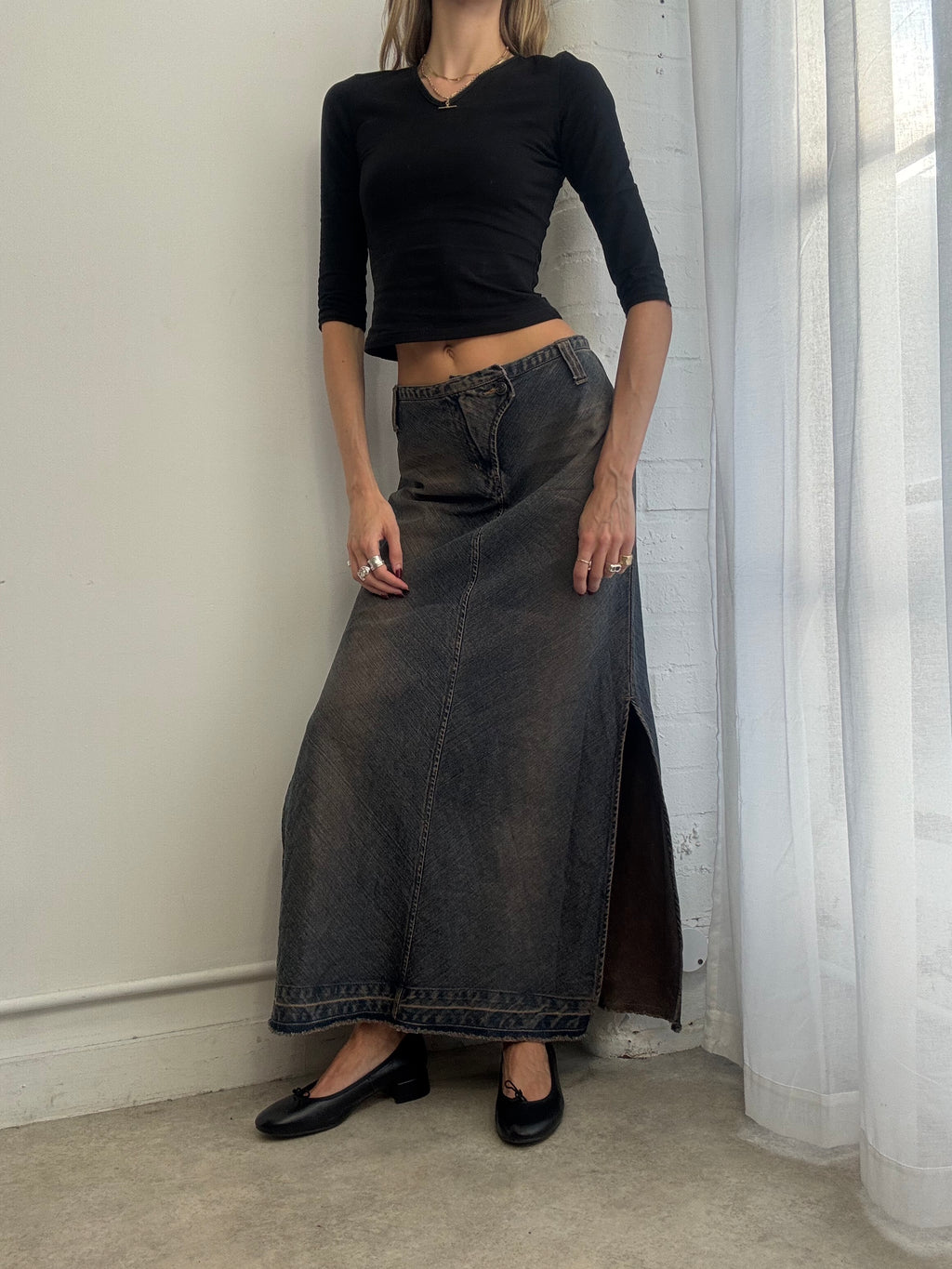 Vintage Y2K low rise denim maxi skirt