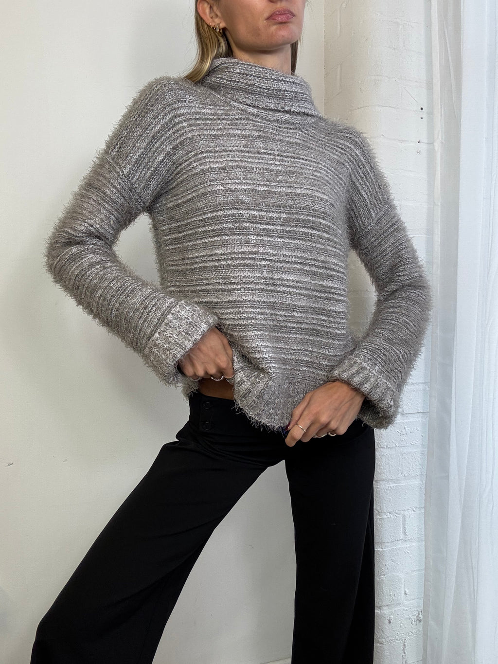 Vintage Y2K fluffy grey stripe knit jumper