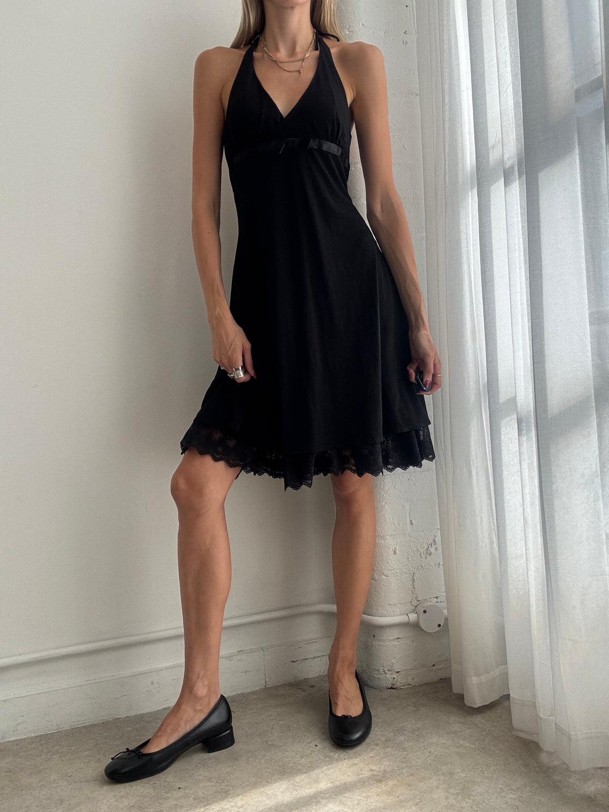 Vintage Y2K Black Lace Trim Halter Dress - Size XS/S
