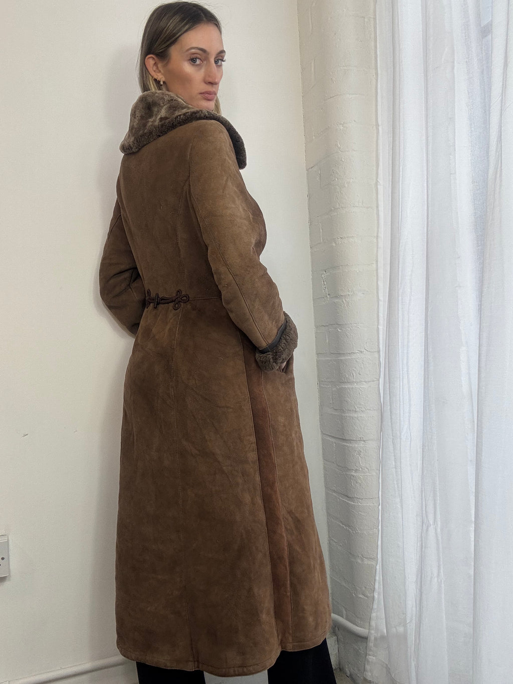 Vintage genuine suede sheepskin long brown coat