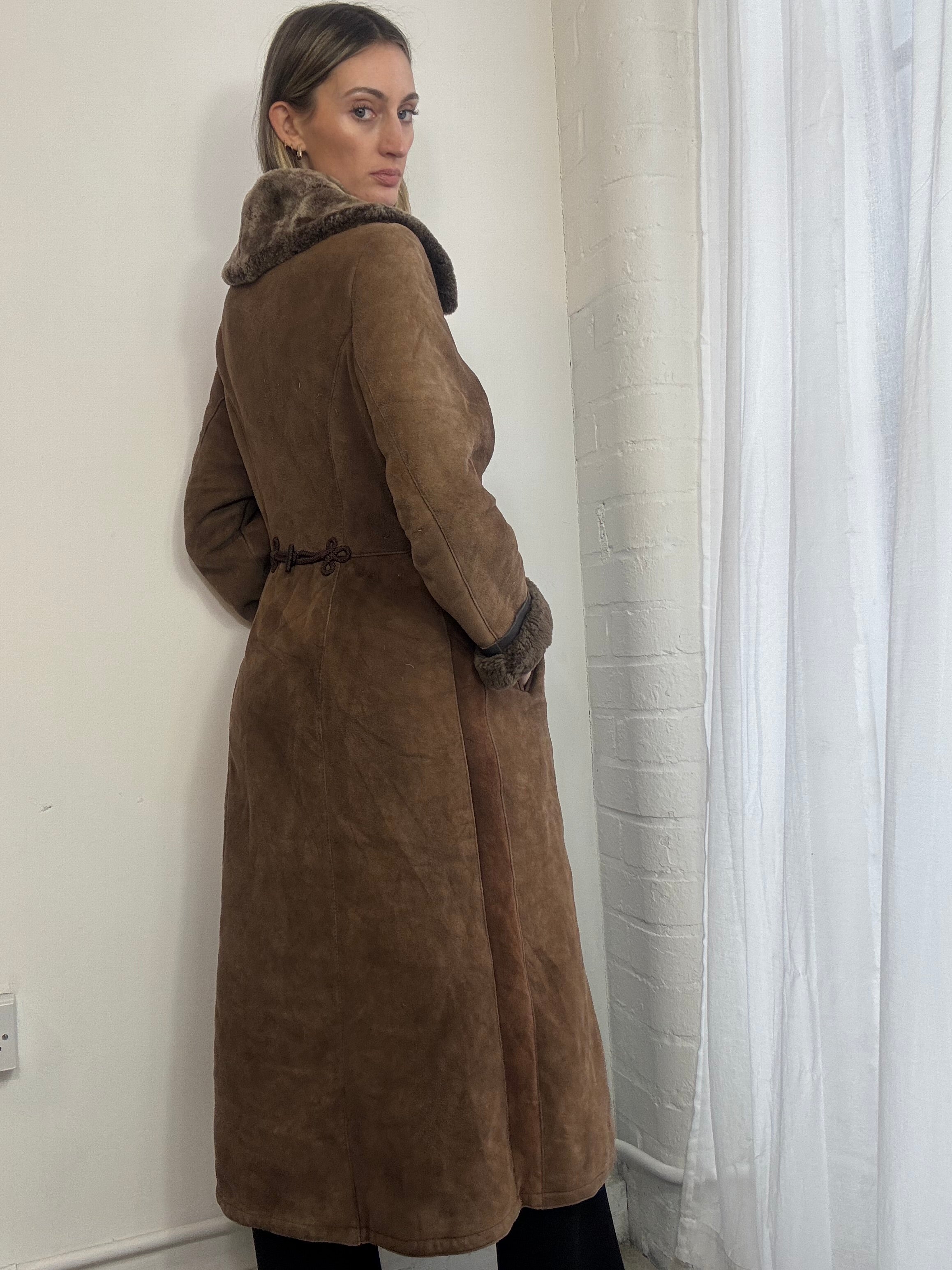 Vintage genuine suede sheepskin long brown coat