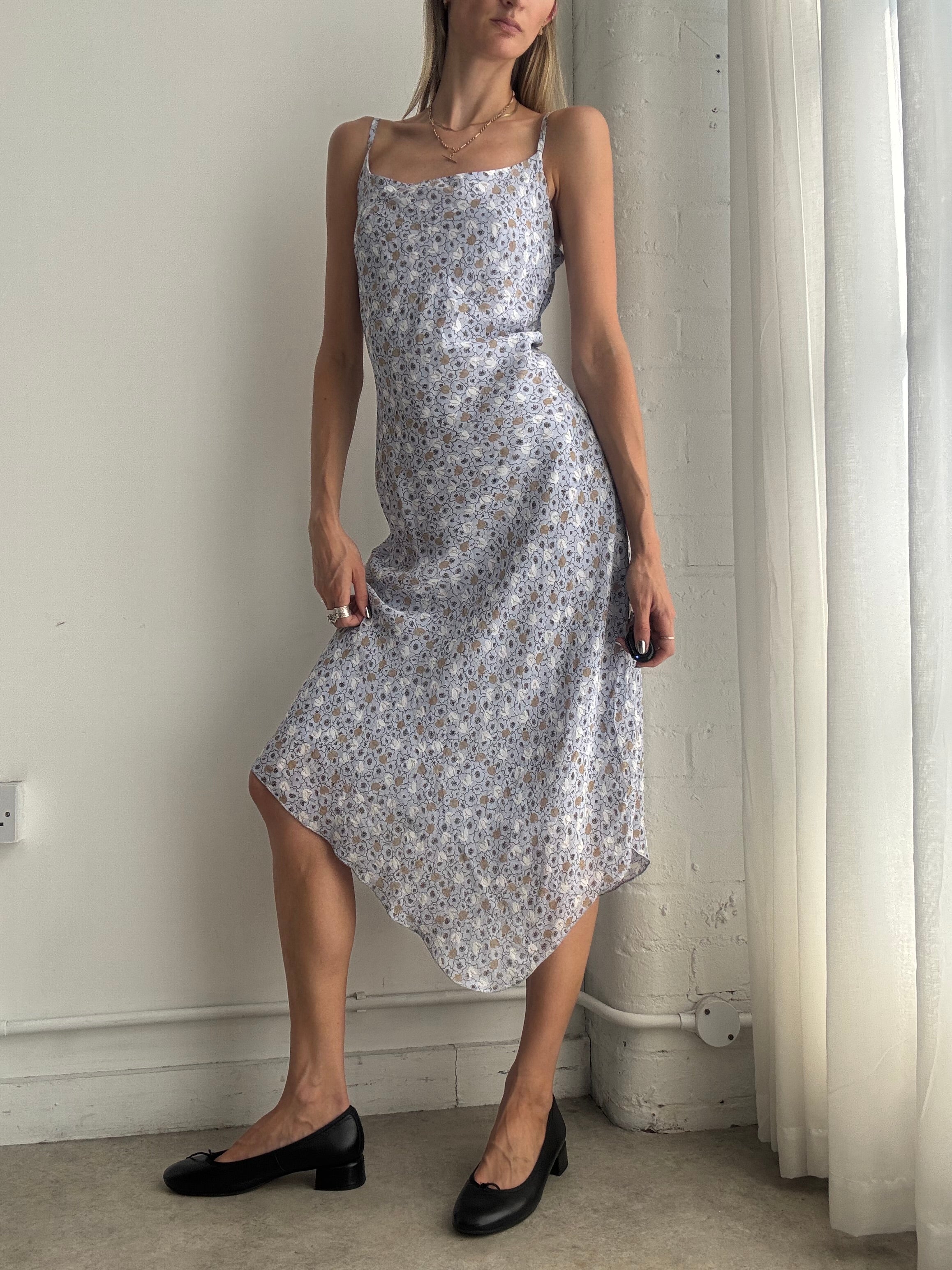 Vintage Y2K Ditsy Floral Asymmetric Blue Midi Dress – Size M