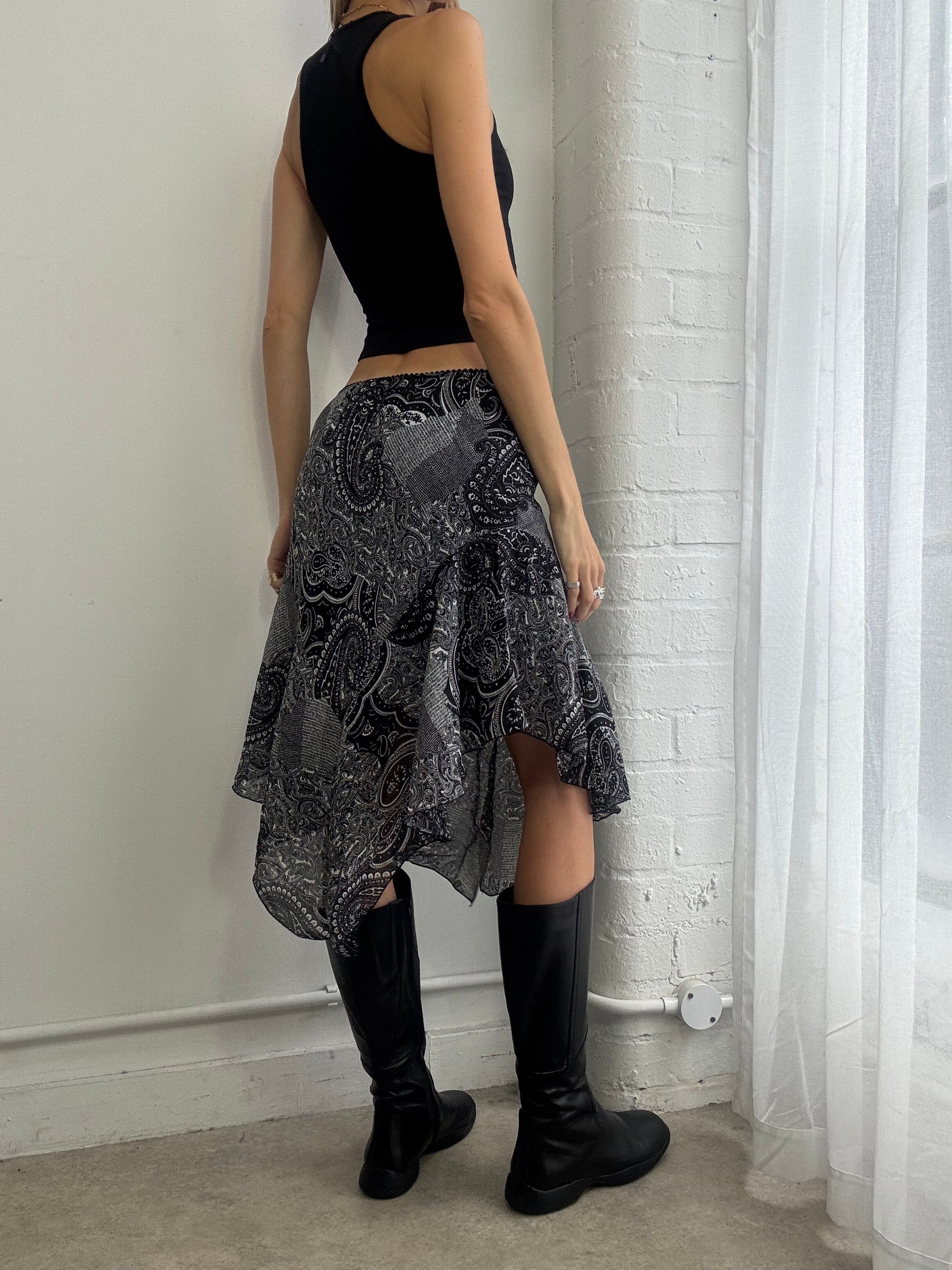Vintage Y2K paisley print mesh midi skirt asymmetric