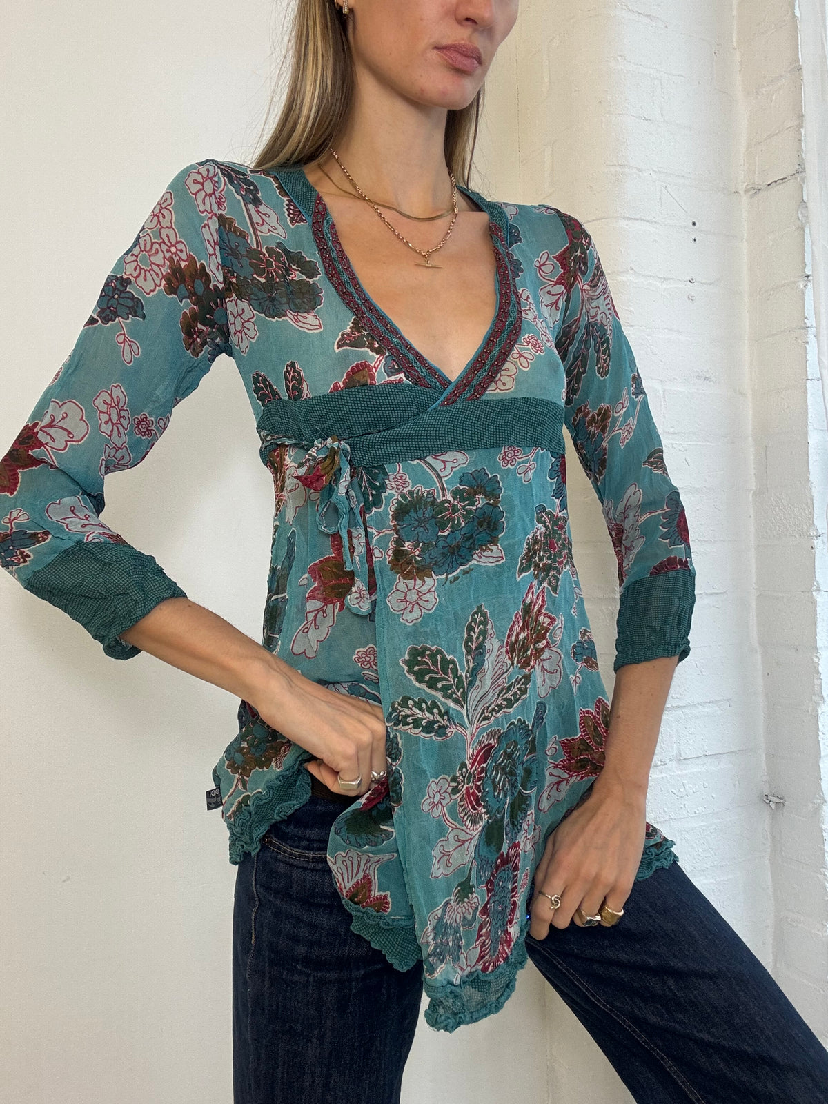 Vintage Y2K Didi Teal Floral Mesh Empire Waist Tunic Top - Size S
