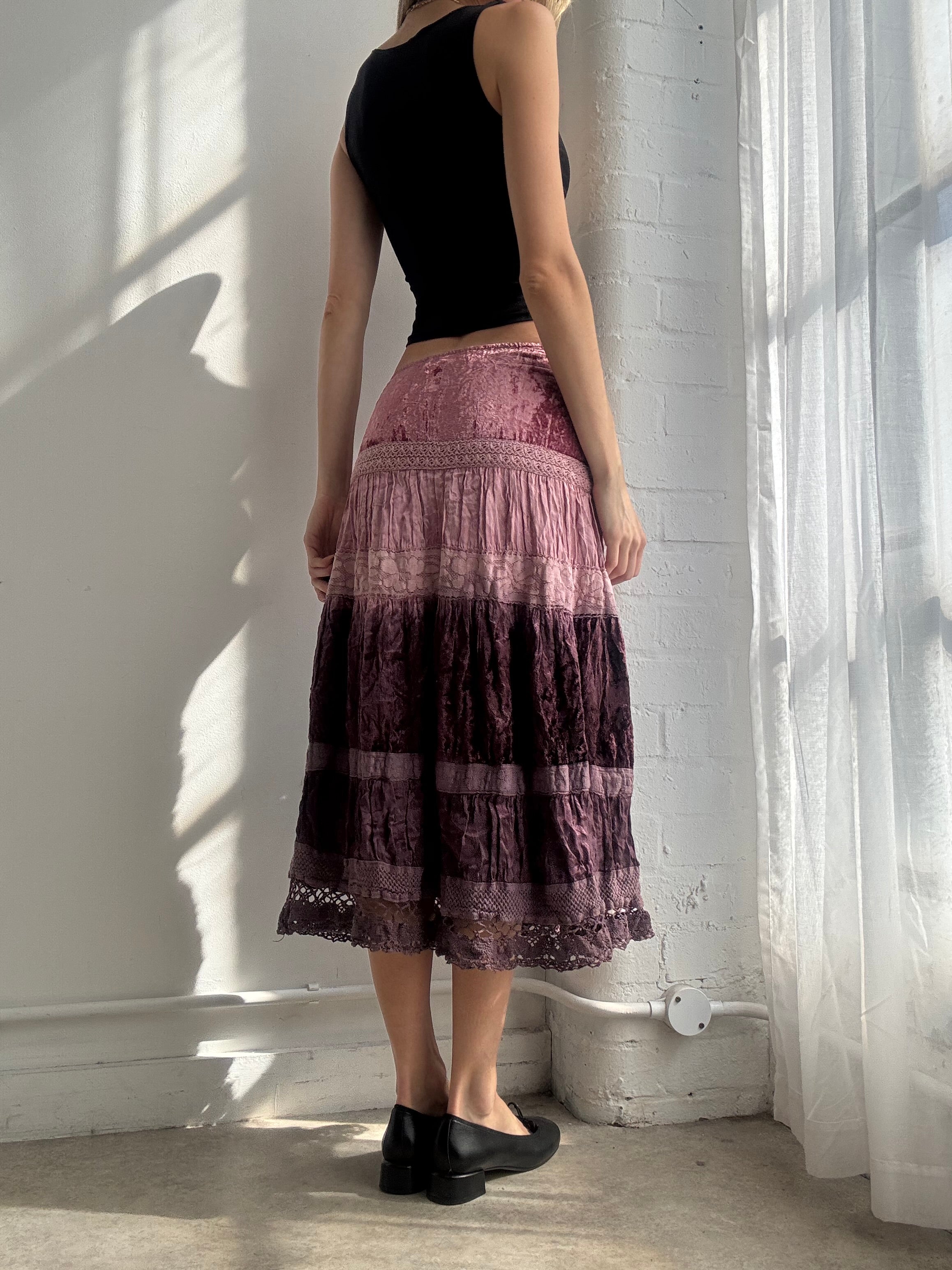 Vintage Y2K pink ombré tiered velvet & lace midi skirt